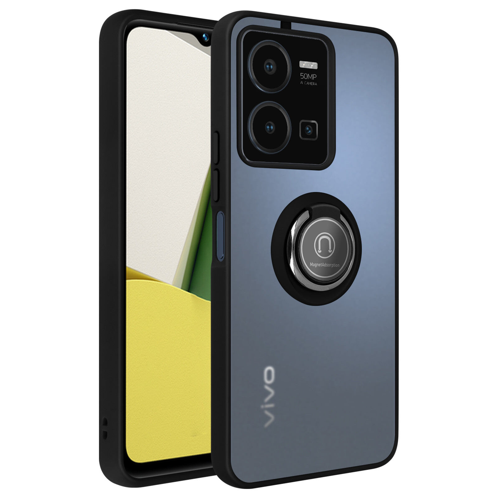 Case for Vivo Y22s and Y35, dual-material with metal ring video support Black