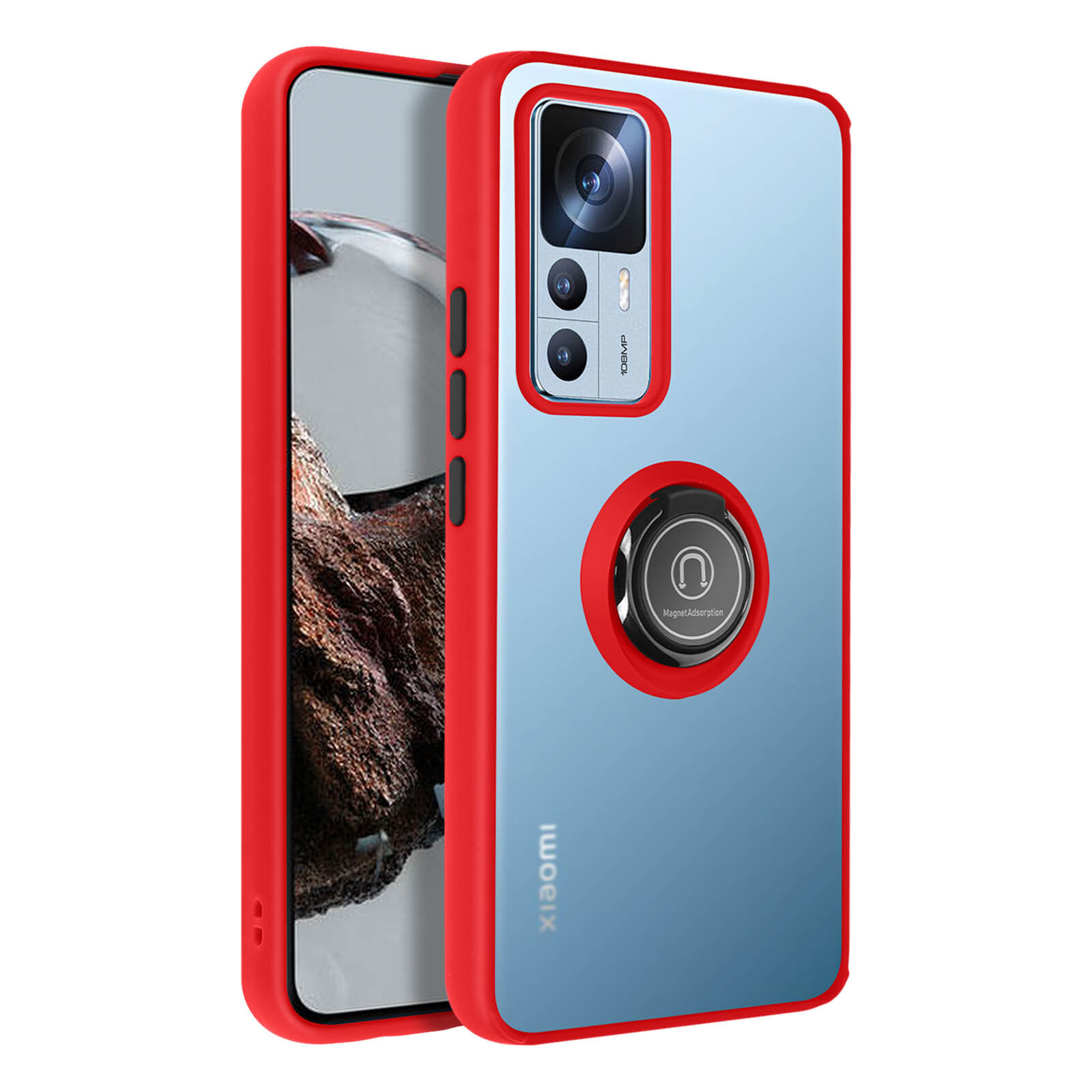 Xiaomi 12T / 12T Pro Case Bi-material Metallic Ring Video Stand Red