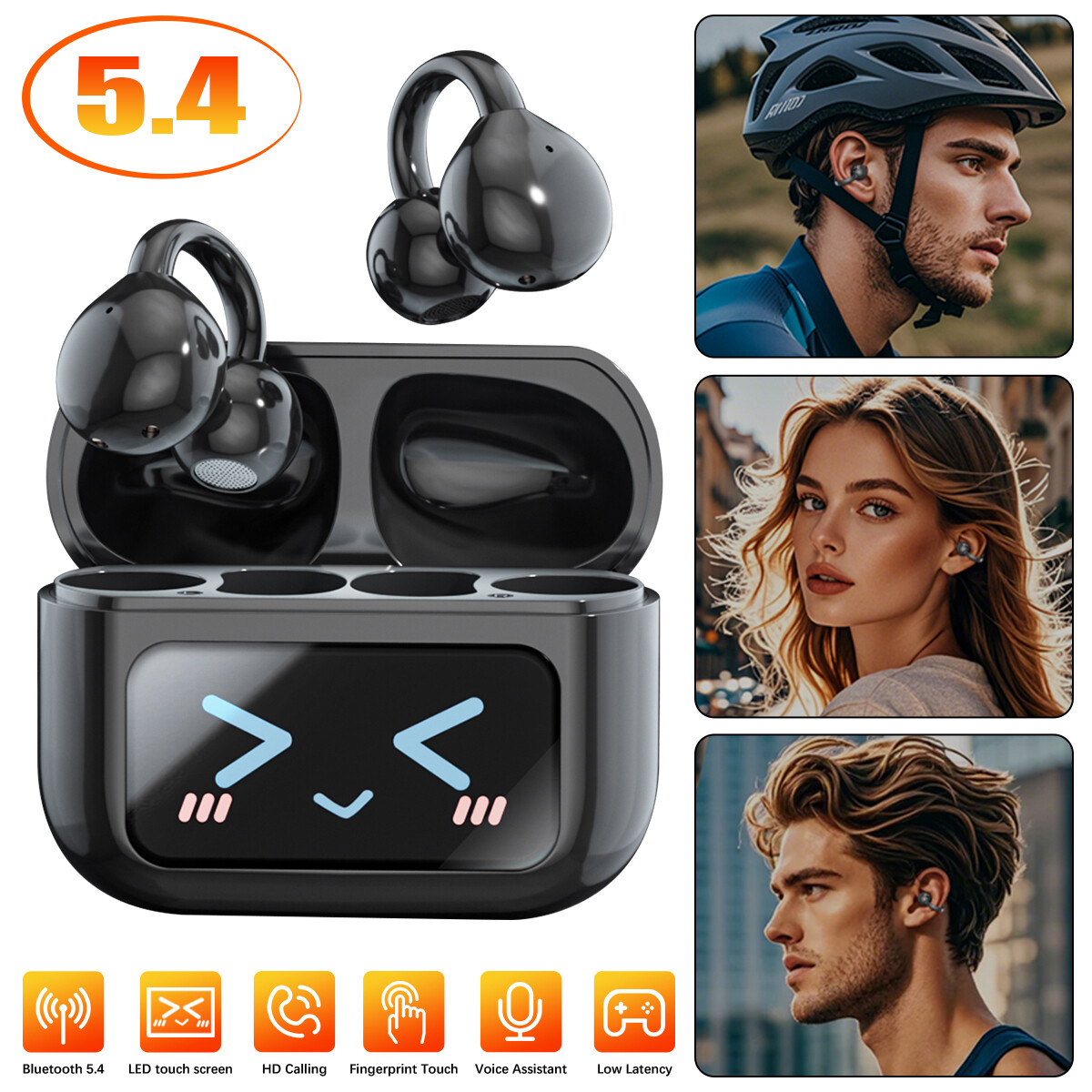 Bluetooth 5.4 LED Touch Screen Charging Case Ear-clip Noise Reduction Earbuds US