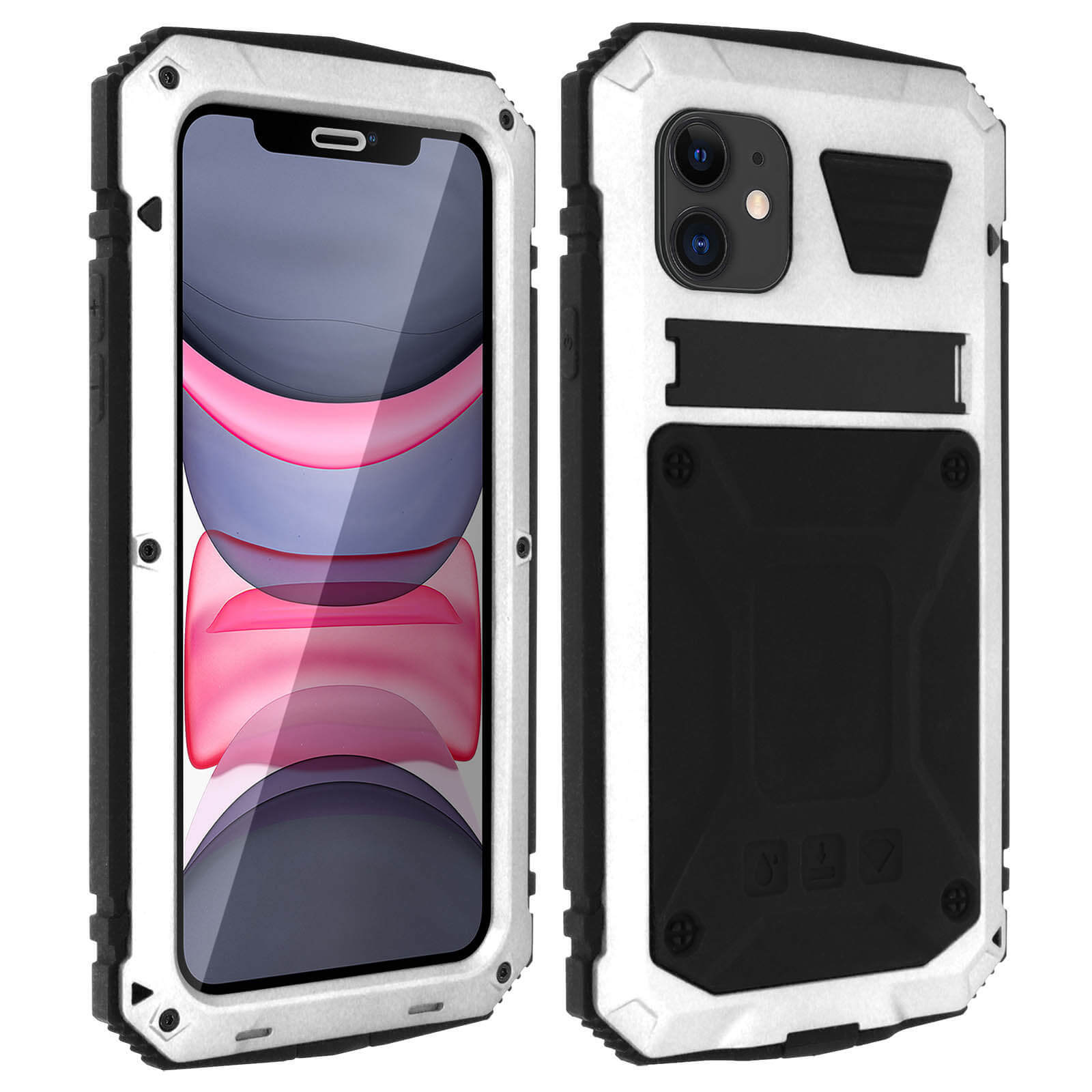 Aluminum Silicone Kickstand Case for iPhone 11 – Tank, Silver