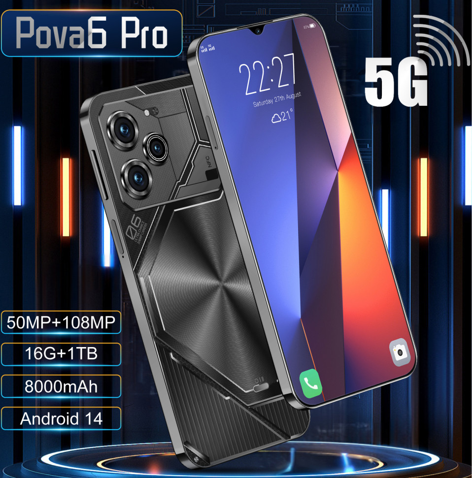 7.3in Unlocked Pova 6 Pro 5G 16GB+1TB Dual SIM Android 14 Cell Phone Black