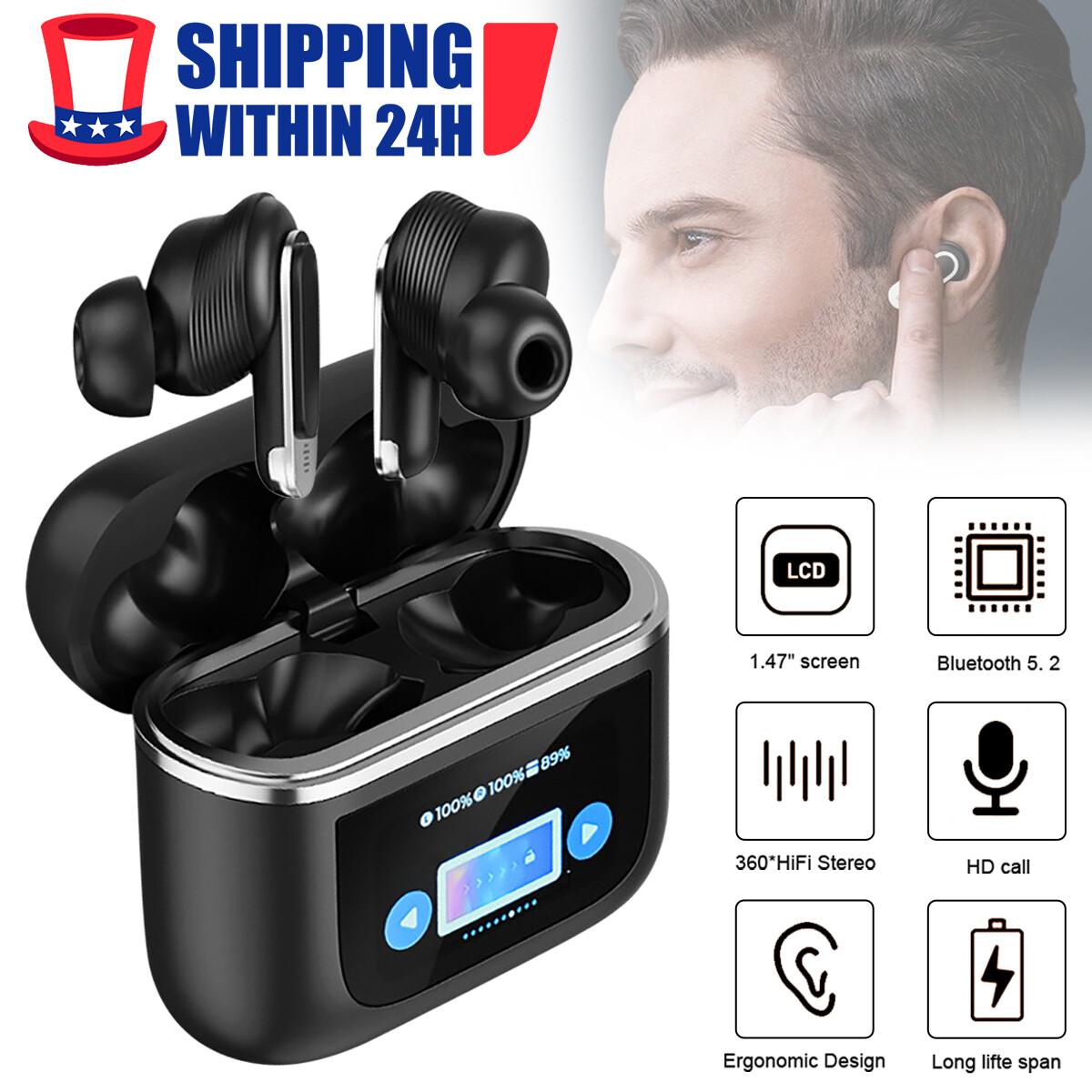 TWS Smart Touch Screen Earbuds Wireless Bluetooth Headphones Headset Mic Stereo*