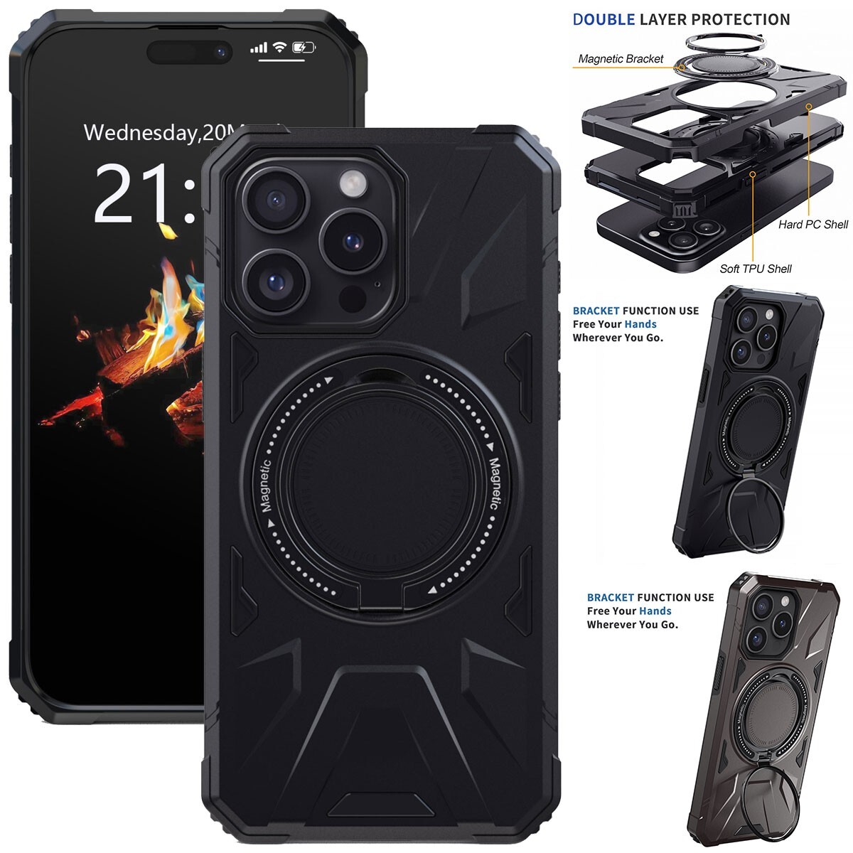 For Apple Phone 15/Pro/Pro Max/Plus Magnetic Ring Stand Hard Case Rugged Cover