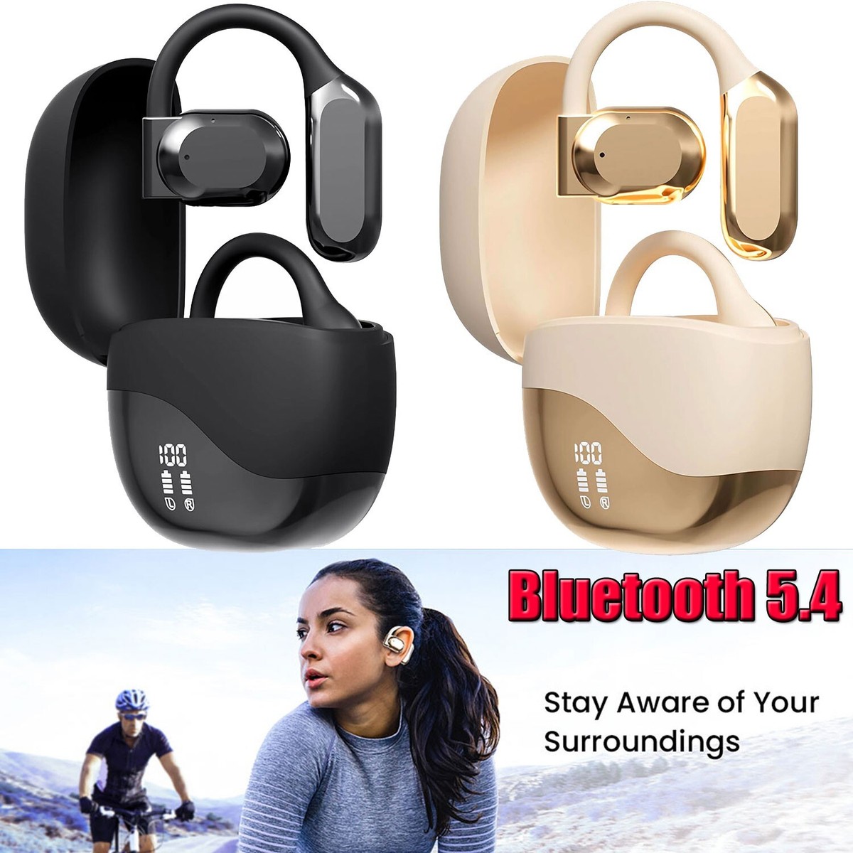 Open-Ear Bluetooth 5.4 Headphones Wireless Earbuds For Apple Samsung Cell Phones