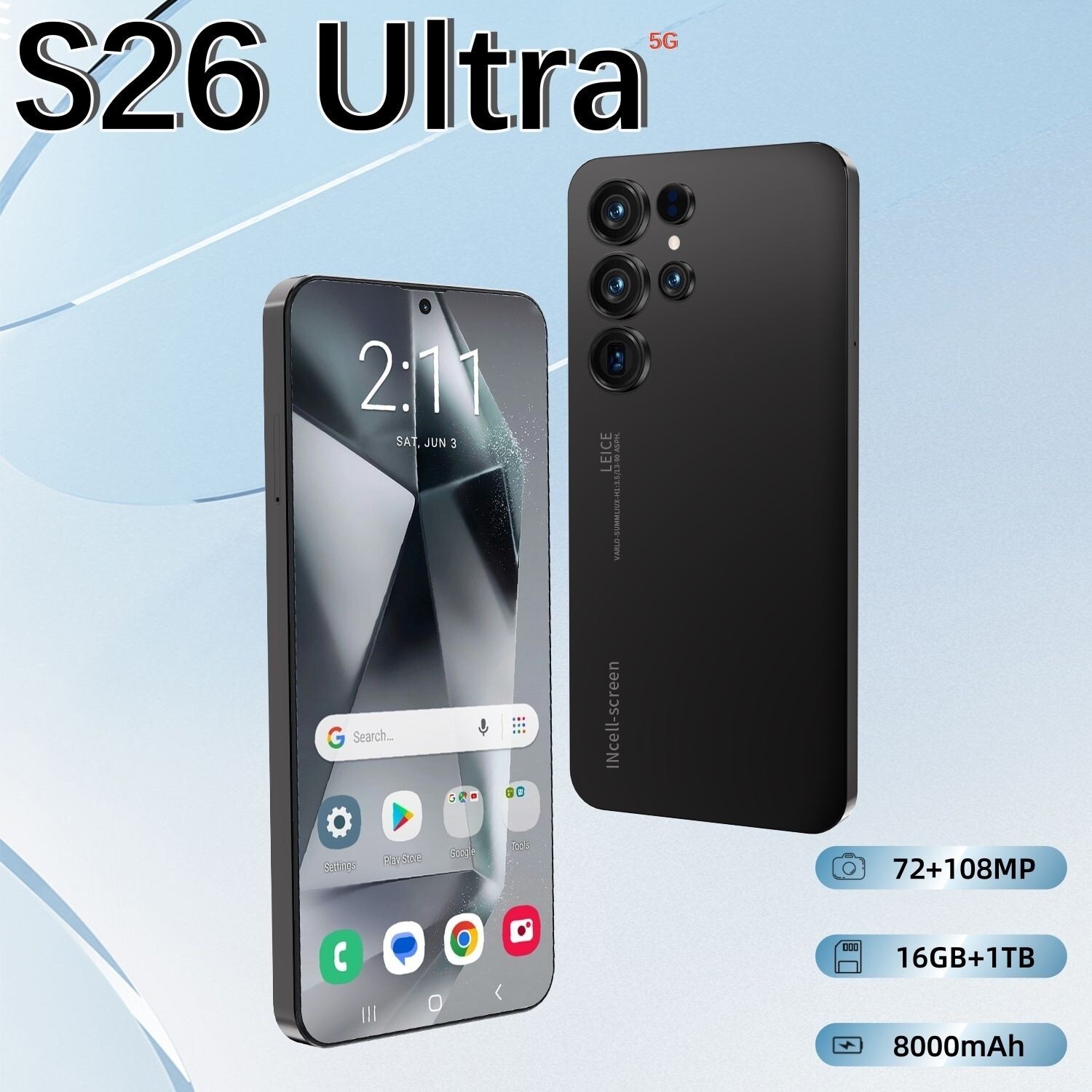 S26 Ultra 5G Smartphone 7.0in Unlocked Android 15 Cellphones Dual 16GB+1TB Black