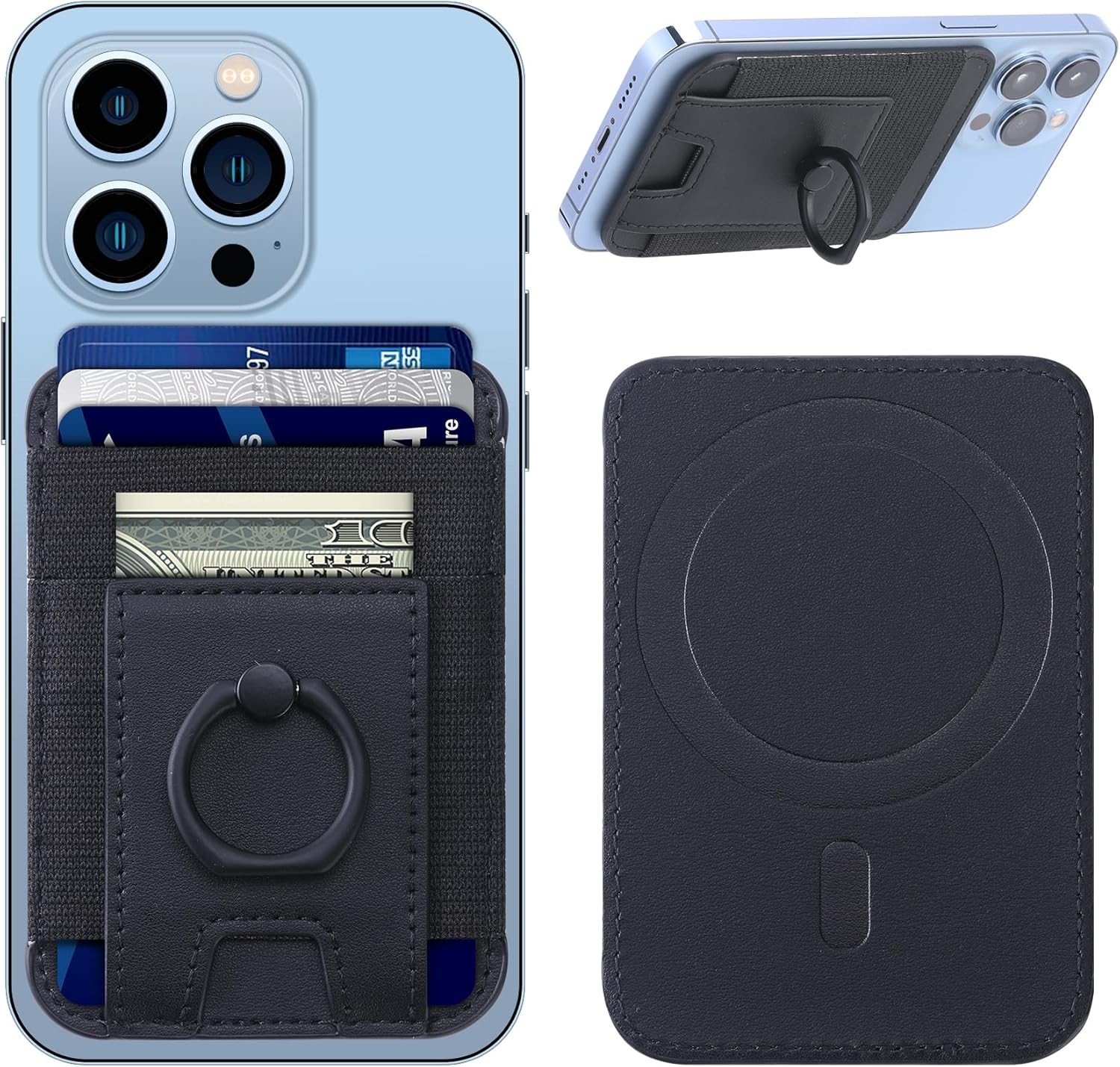 For Magsafe Wallet with Secure-Grip Finger Loop, Strongest Magnetic Black