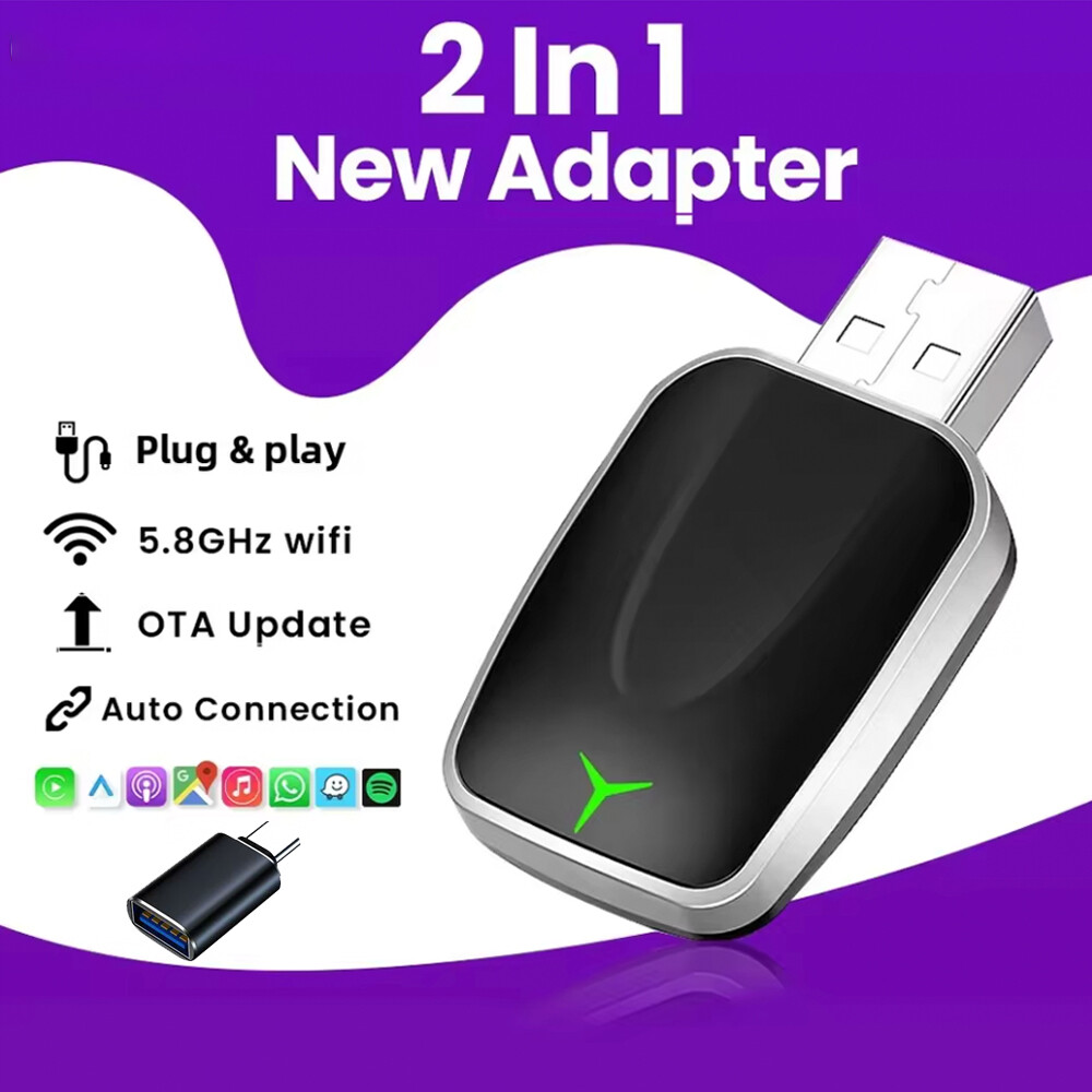 2in1 Wired to Wireless CarPlay Android Auto Adapter Navigation Player USB Dongle