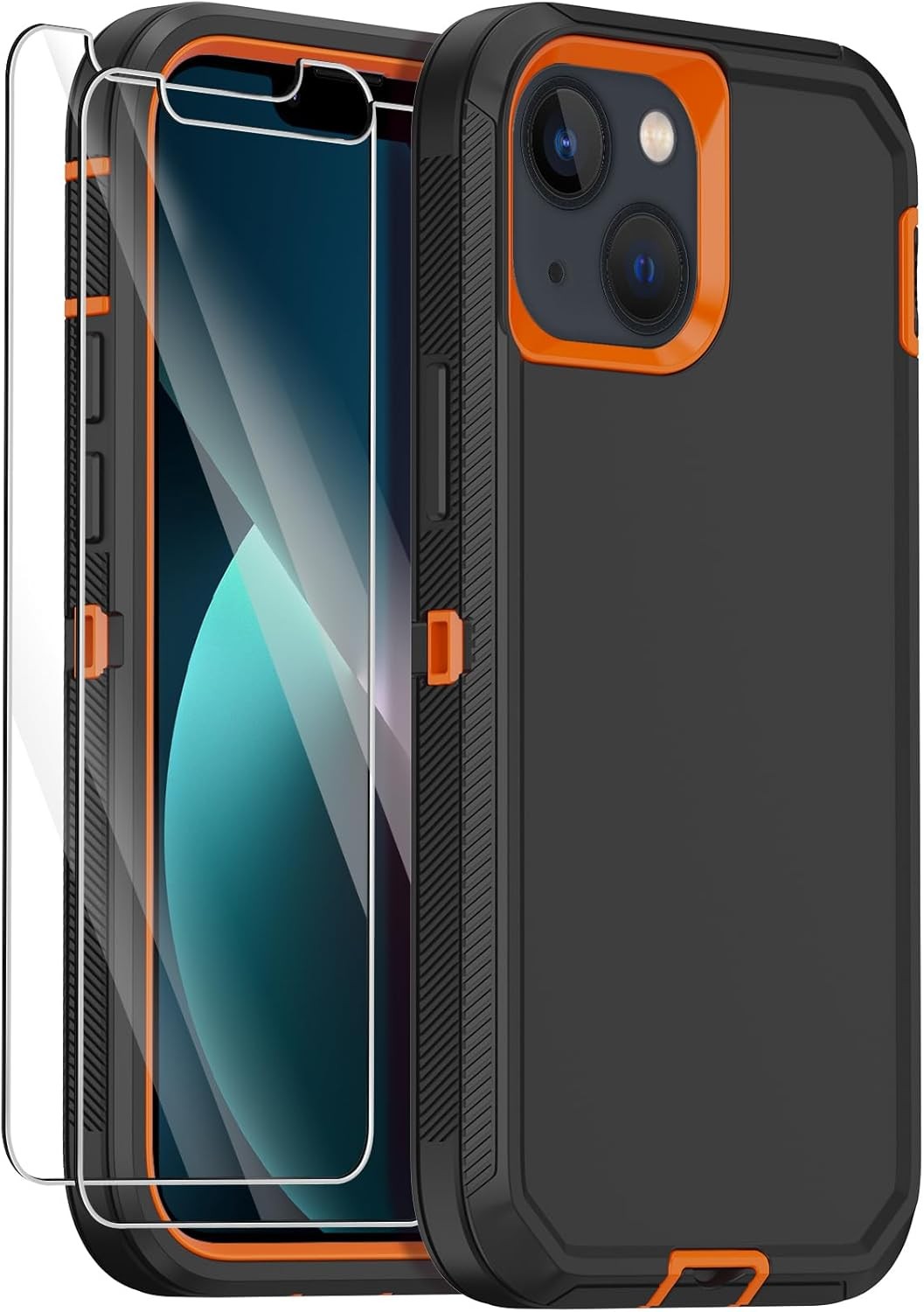 Annymall for iPhone 13 Case with 2 Screen Protector,Shockproof Black Orange