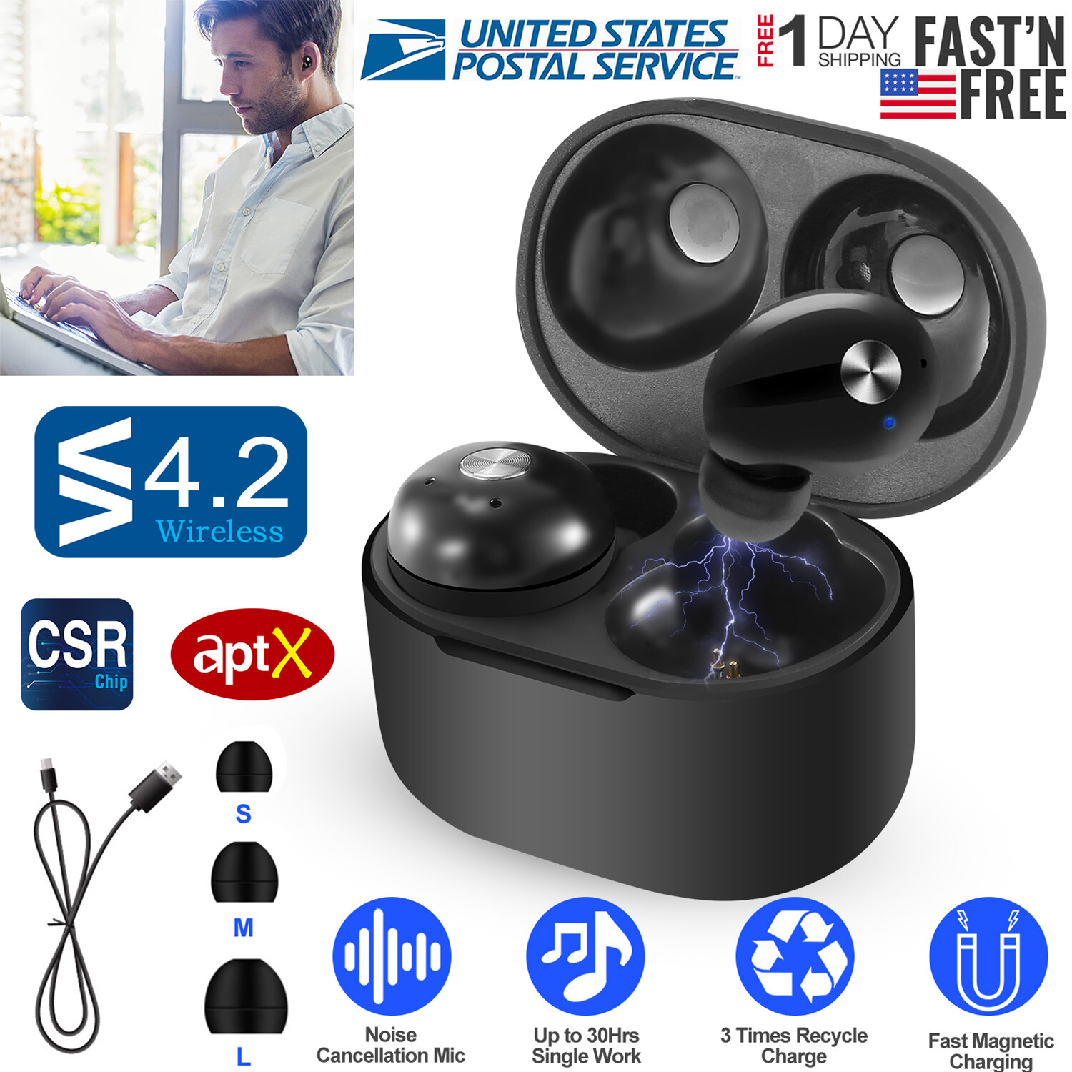 Stereo Headset In-Ear Wireless Earphone Earbud Headphone For iPhone Samsung LG