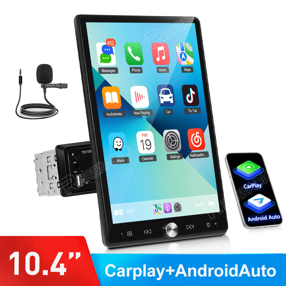 Single 1 Din 10.4″ Touch Screen Stereo Bluetooth Radio Car Apple/Android Carplay