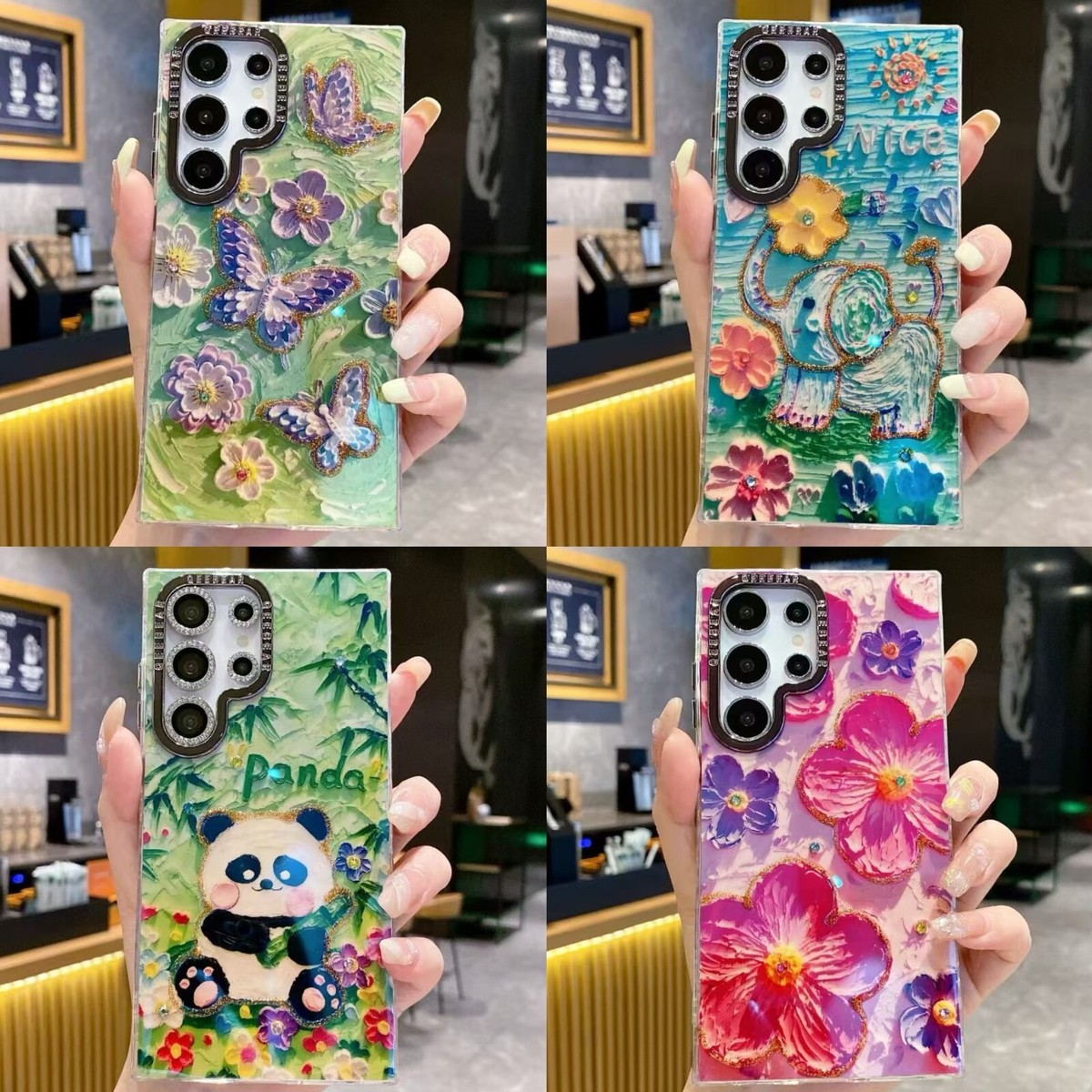 For Samsung Galaxy 3D Cartoon Oil Painting Glitter Bling Animal Flower Soft Case