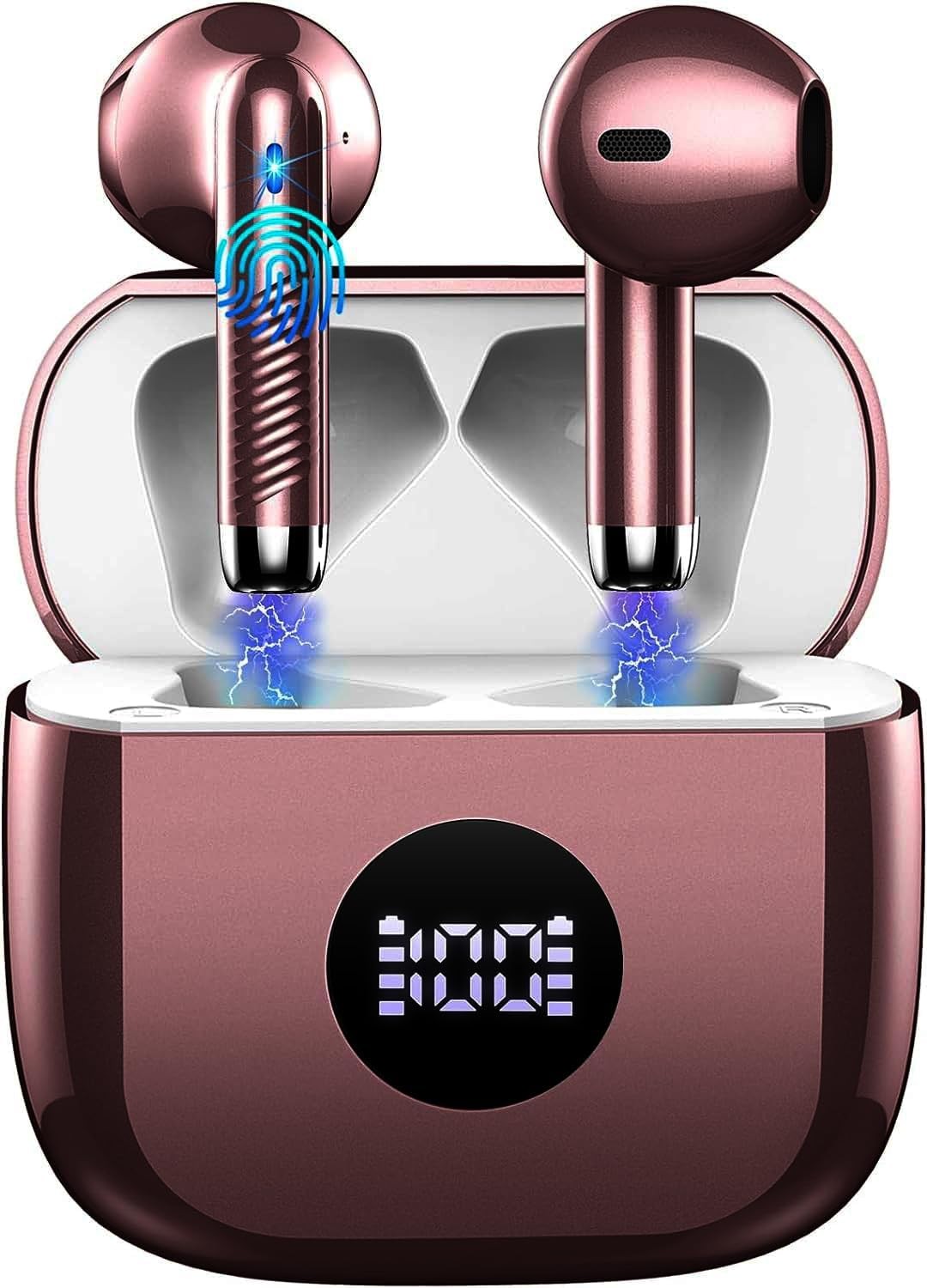 Wireless Earbuds, Bluetooth 5.4 Ear Buds LED Power Display Rose Gold