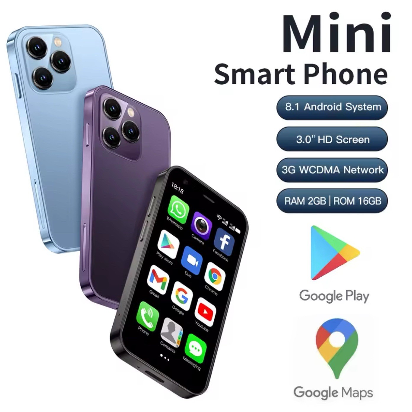 Unlocked Mini 3G Phone with 2GB+16GB – Small Smartphone 3.0″ HD Touch Screen