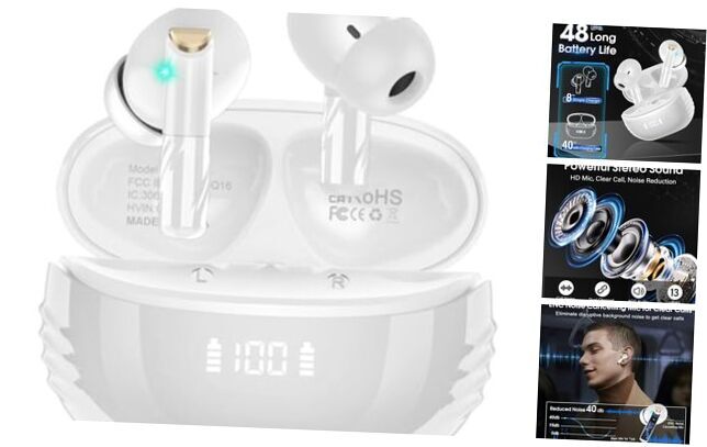 Wireless Earbuds Bluetooth 5.4 Headphones Premium Sound Ear Buds with ENC White