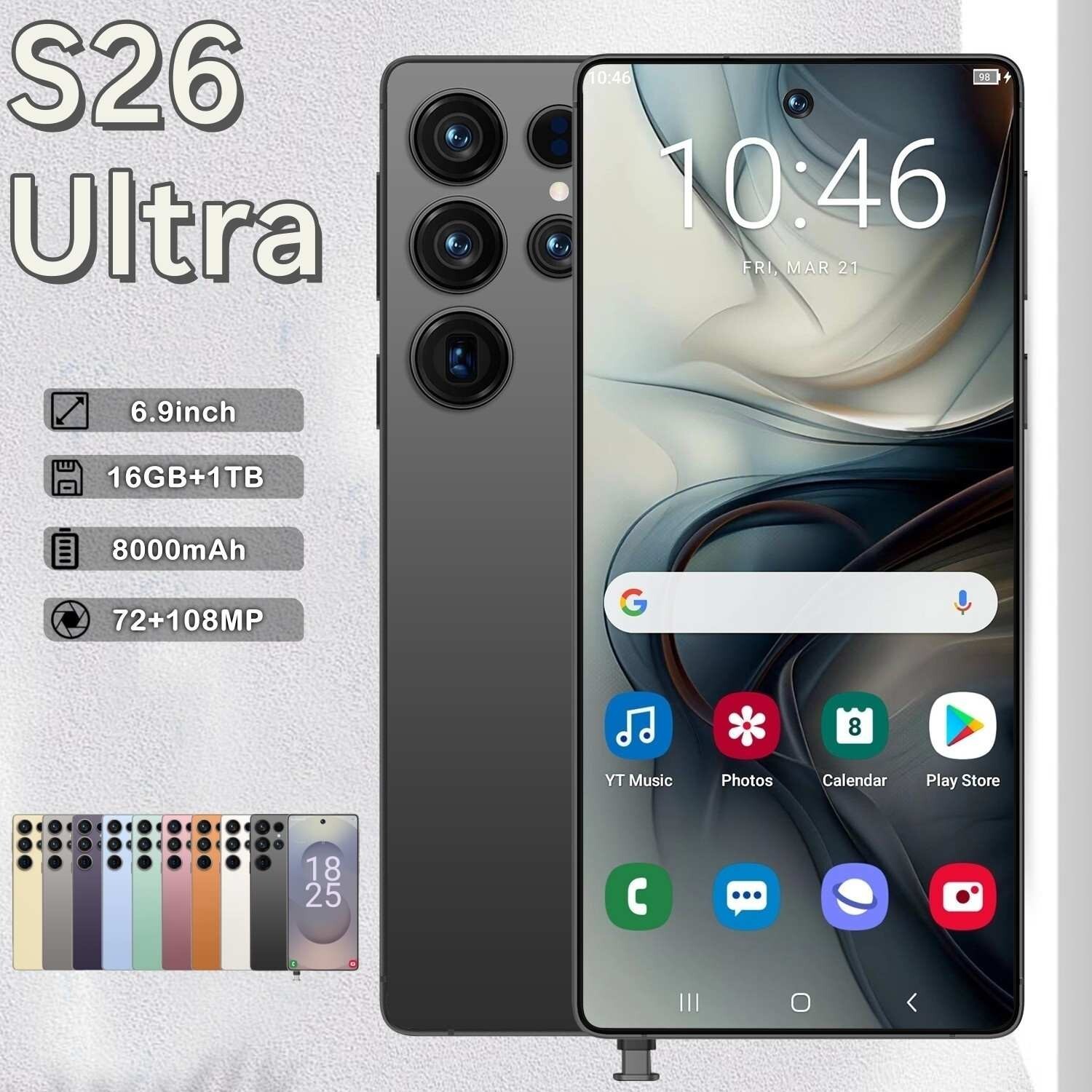 S26 Ultra 5G Smartphone 6.9in Unlocked Android 15 Cellphone Dual 16GB+1TB Black