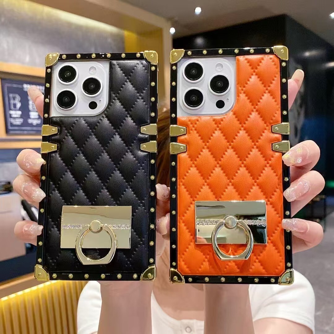 For iPhone 16 15 14 Plus 3D Luxury Sheepskin Leather + 360° Ring Bracket Case