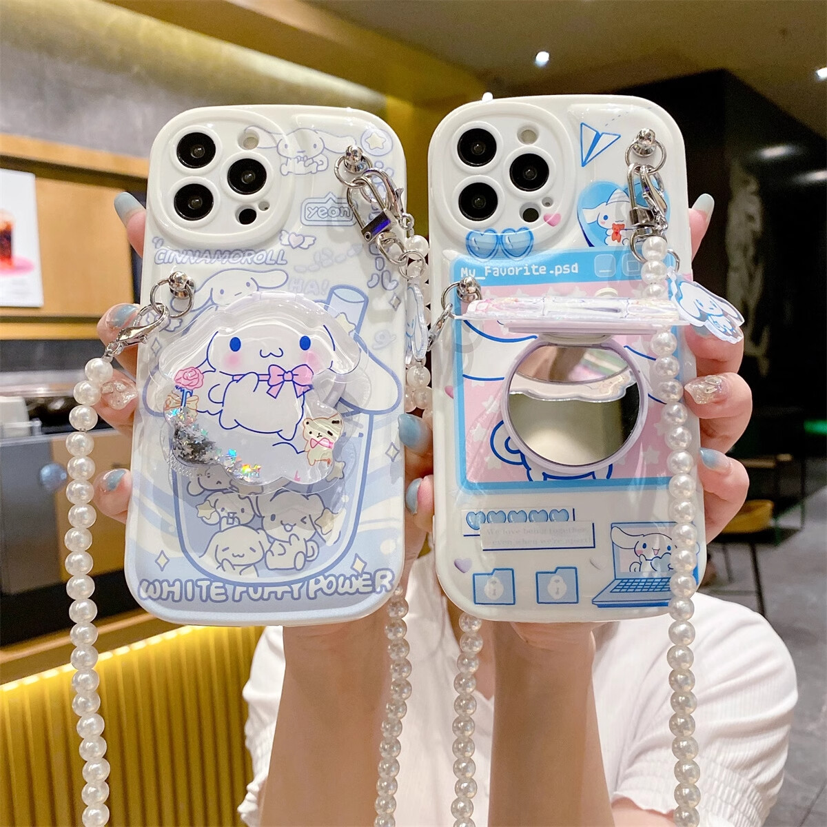 Cinnamoroll Silicone Phone Case w/ Mirror Holder Pearl lanyard For iPhone 15 16