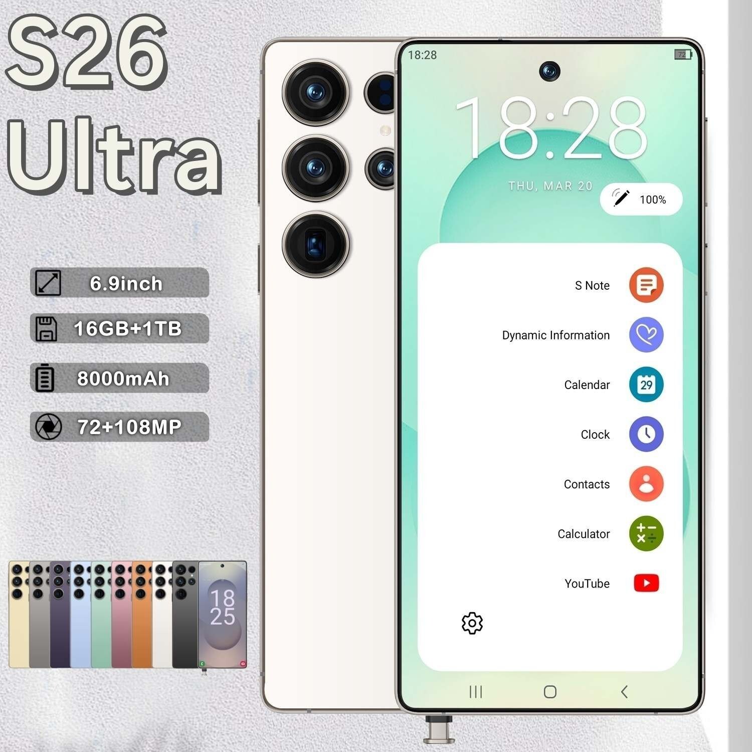 S26 Ultra 5G Smartphone 6.9in Unlocked Android 15 Cellphones Dual 16GB+1TB White