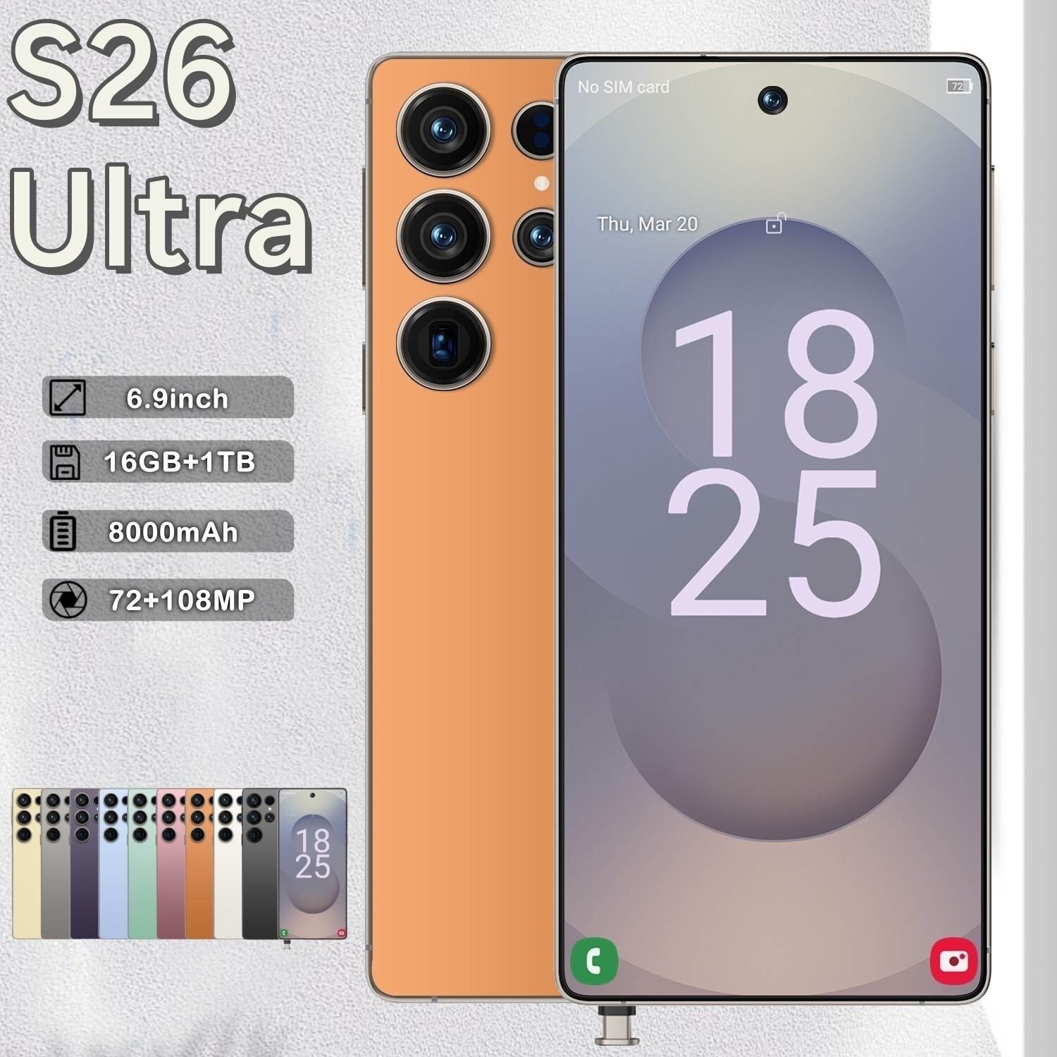 S26 Ultra 5G Smartphone 6.9in Unlocked Android 15 Cellphone Dual 16GB+1TB Orange