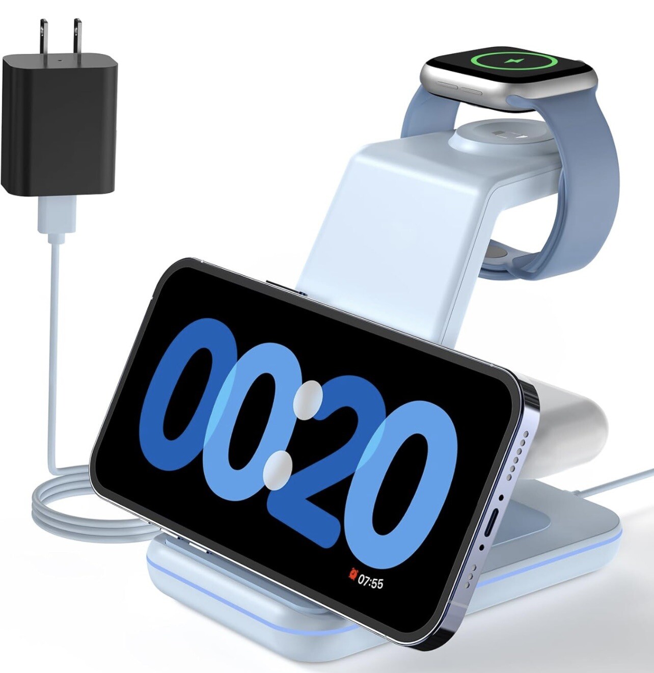 3-in-1 Wireless Charge Station for Apple, Phone, Watch, Pods, Light Blue – A0017