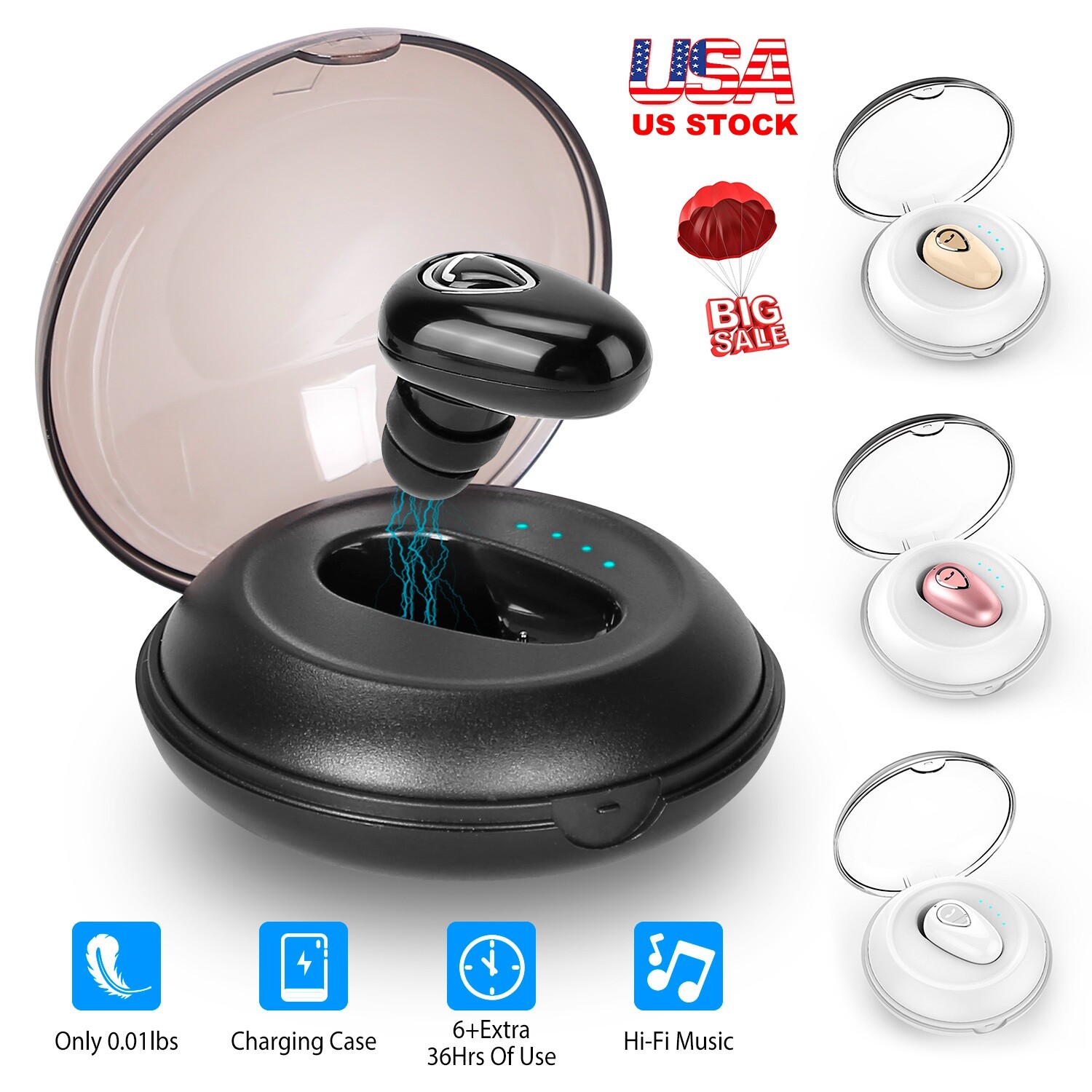 Unilateral Wireless Earbud In-Ear Headset Rechargeable Earphone w/ Charging Case
