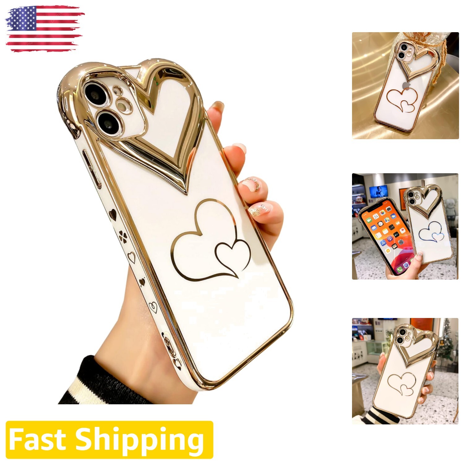 Luxury Plating 3D Love Hearts Case for iPhone 11 – Fashionable White Gold Design