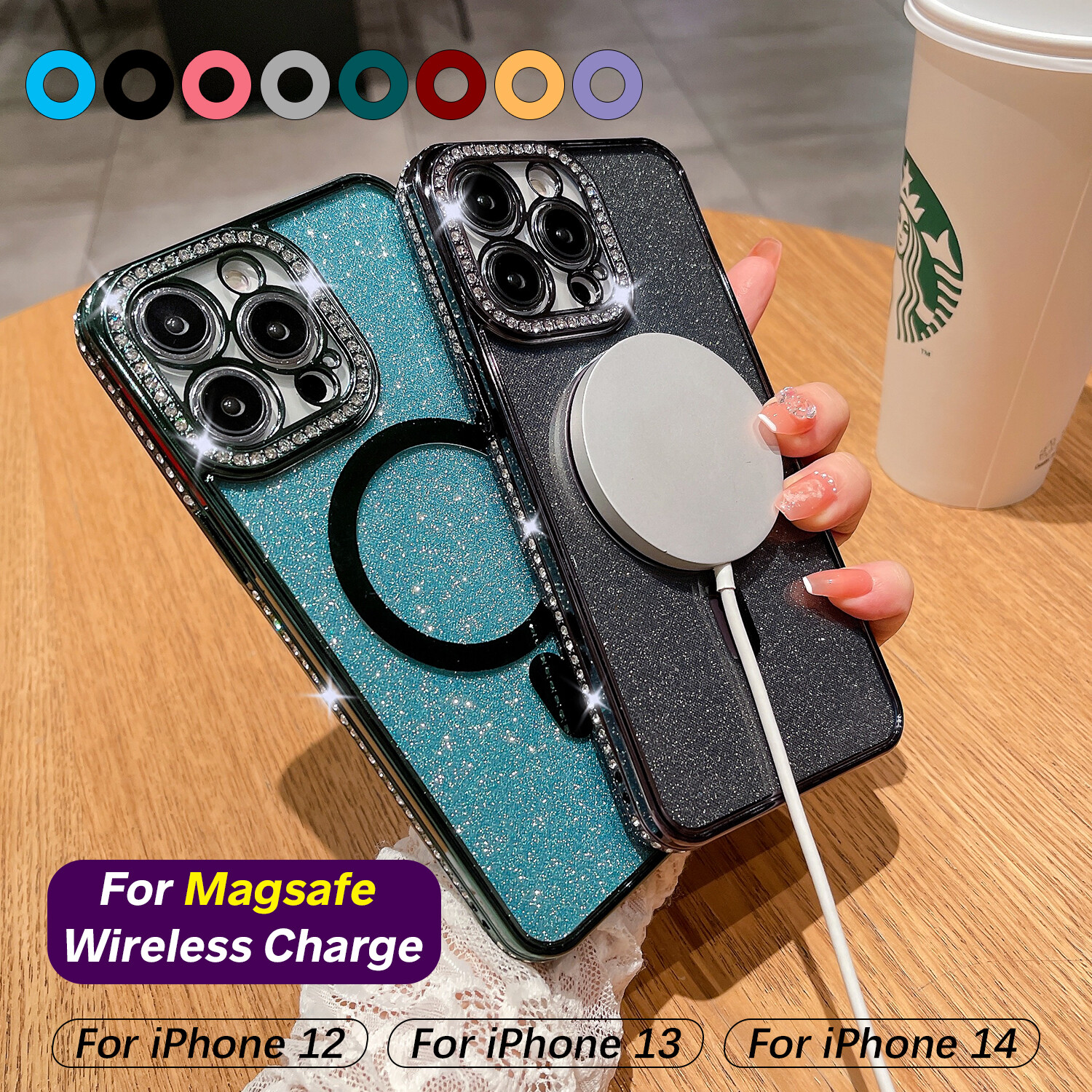For iPhone 15 Glitter Diamond Bling TPU MagSafe Magnet Case Screen Protector