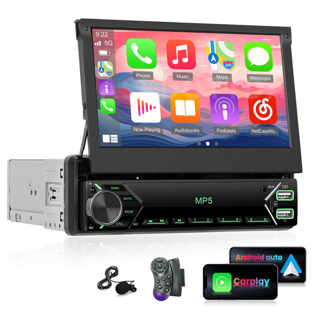 Single 1DIN 7″ Car Radio Stereo Carplay Touch Screen Flip out Player Bluetooth