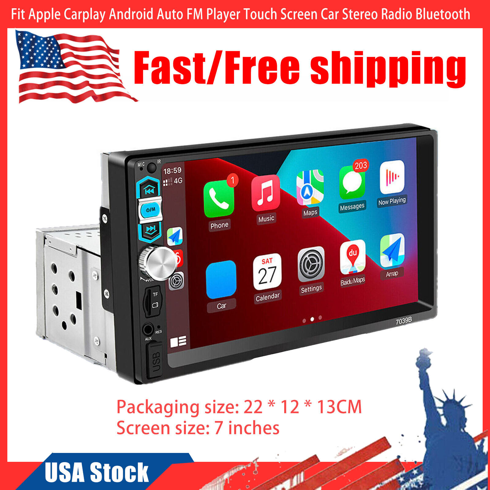 Fit Apple Carplay Android Auto FM Player Touch Screen Car Stereo Radio Bluetooth