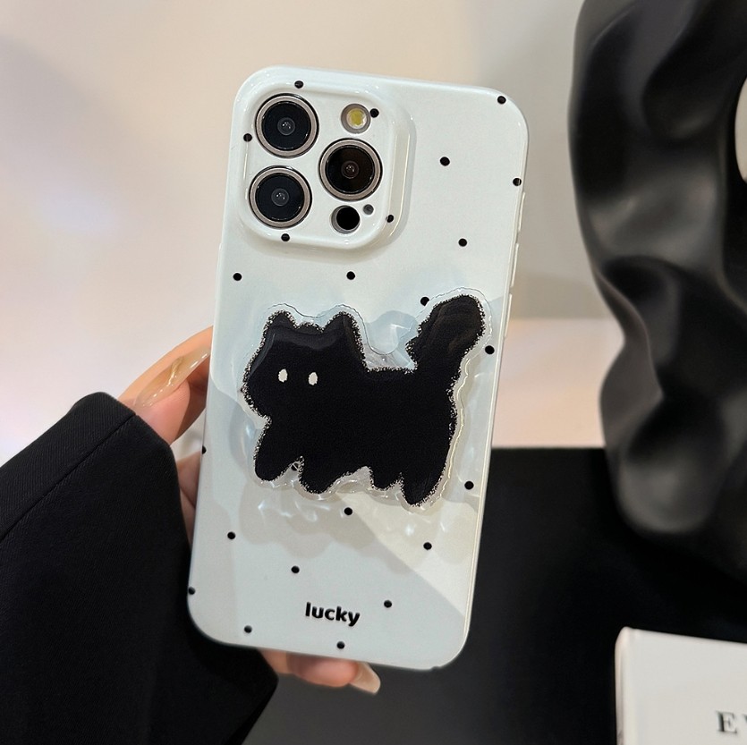 For iPhone 16 15 14 13 Pro cute polka dot cat protective cover phone case film