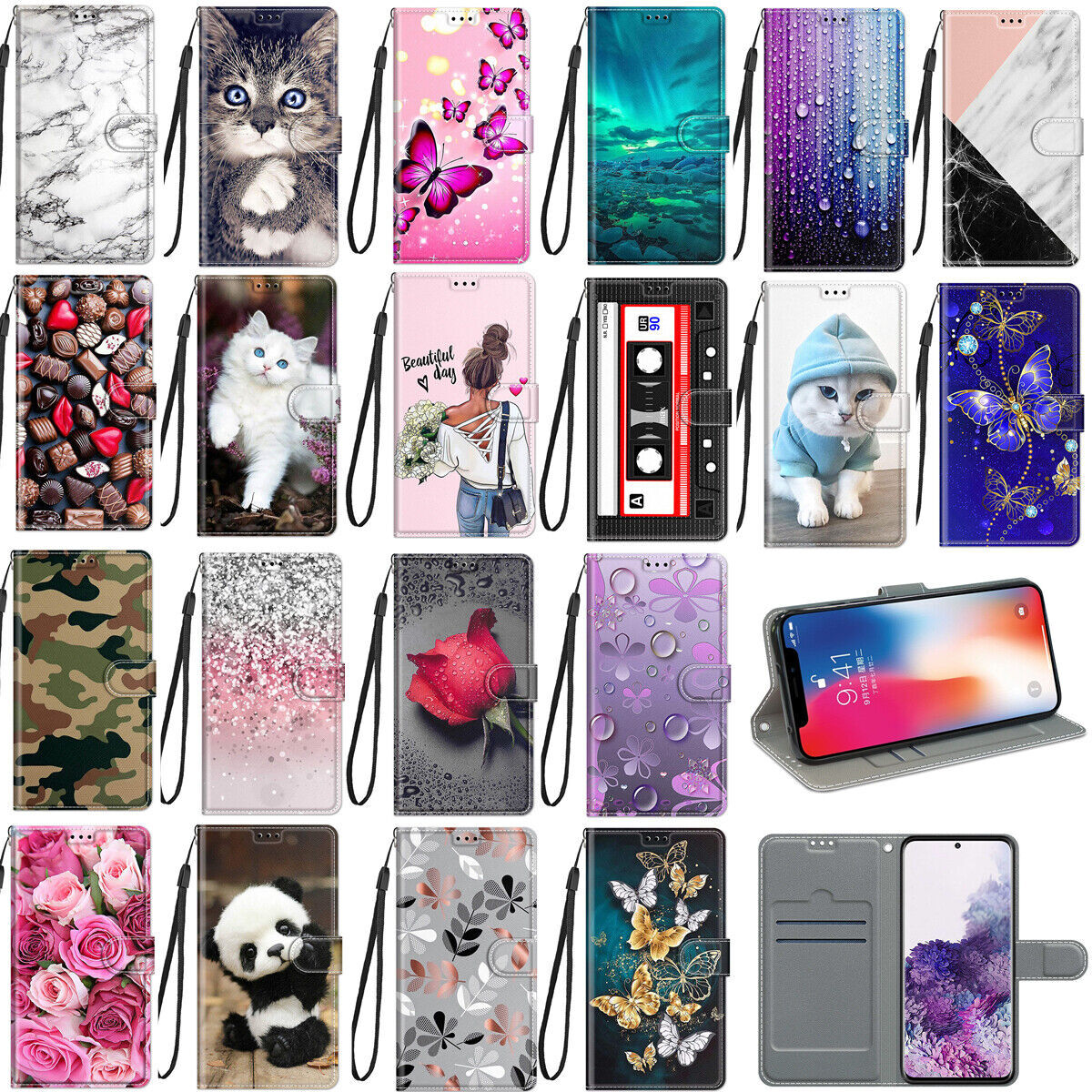 For Motorola Cute Cartoon Leather Wallet Magnetic Flip Stand + Strap Phone Cover