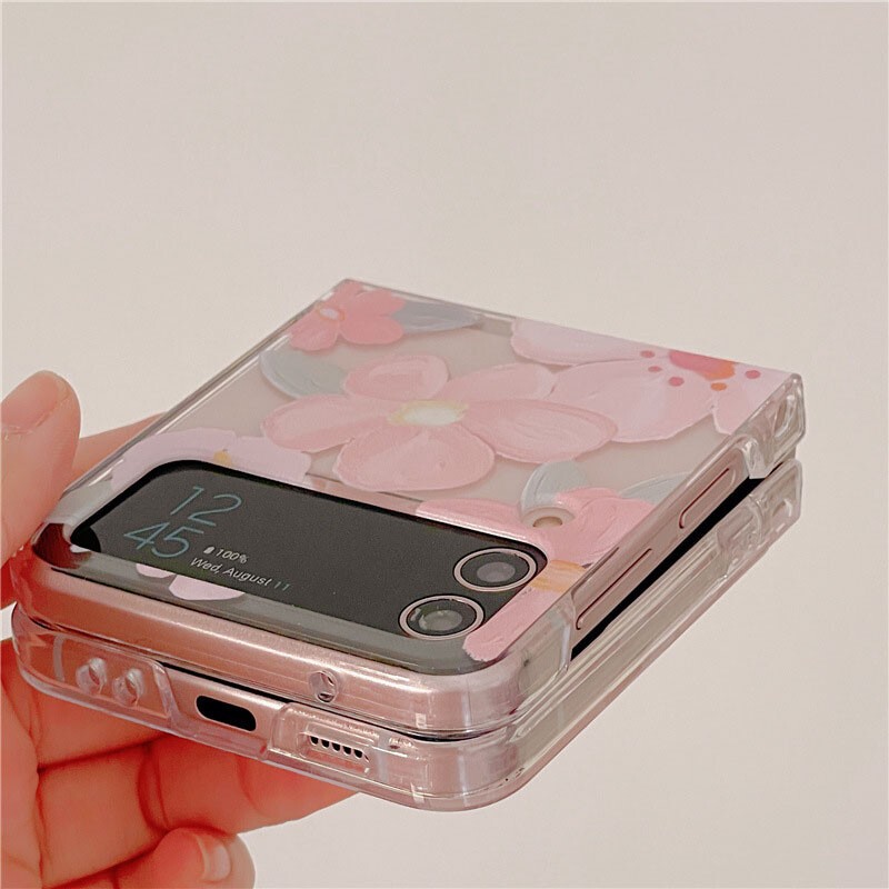 Pink Flowers For Samsung Z FLIP 3/4/5 Phone Case Cover With Chain Shockproof