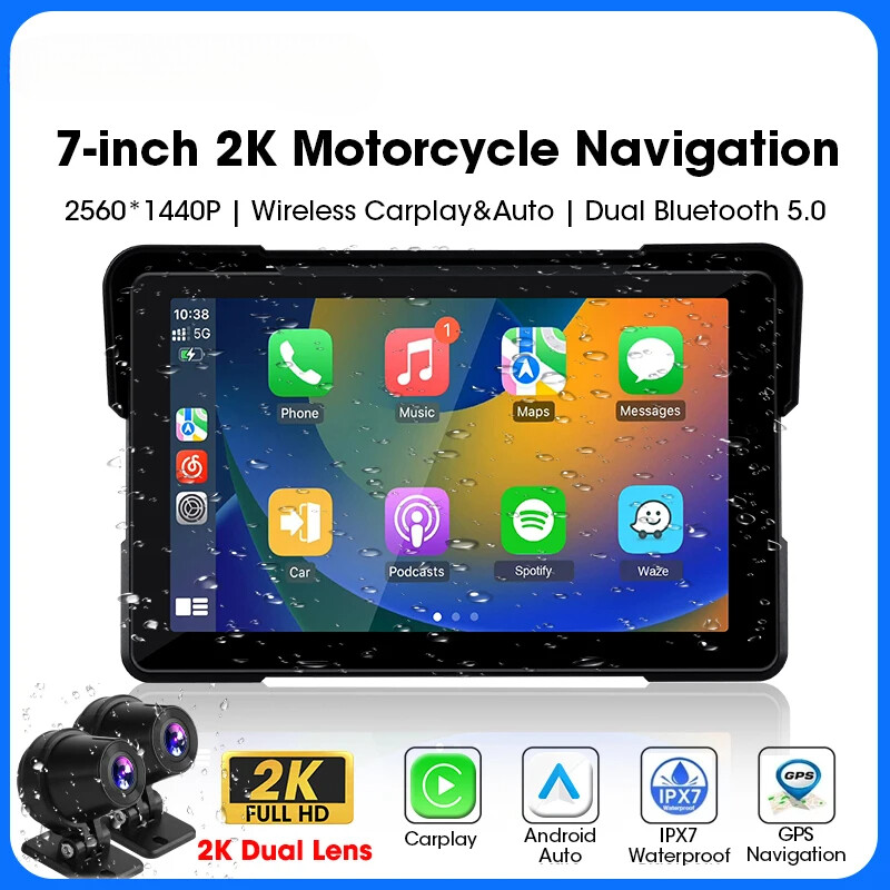 5/7inch Carplay Motorcycle 2KHD DVR Navigation GPS Wireless CarPlay Android Auto