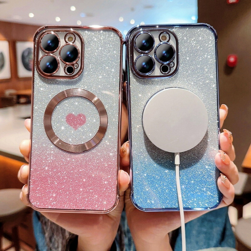 For iPhone 14 Pro Max 13 12 11 Glitter Plating Love Heart ShockProof Case Cover