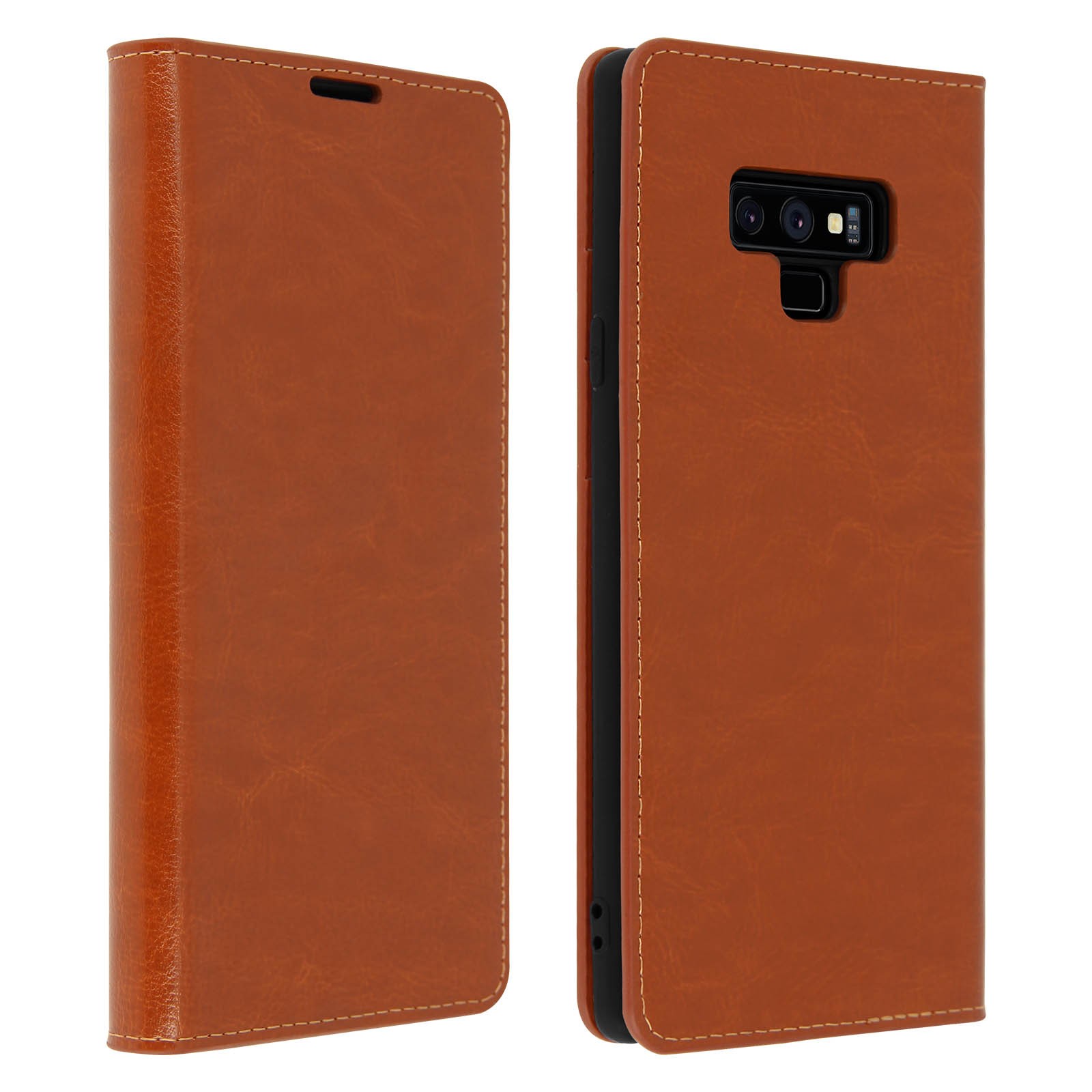 Folio Real Leather for Galaxy Note 9 Case Card-holder Video Stand Tan