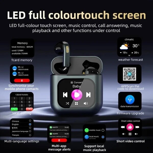 NEW LED SMART Wireless Earbuds 8GB App Control ENC,TWS earphone Headset memory.