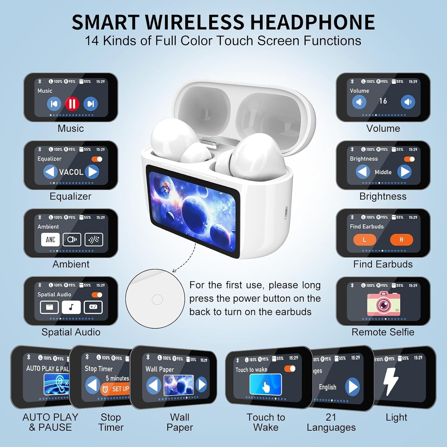 Wireless Bluetooth Headphones, With Touch Screen Ear Buds, For Android IOS Phone