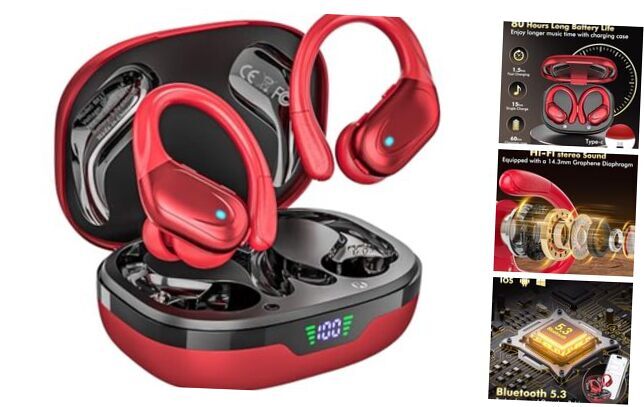 Wireless Earbuds Bluetooth Headphones 80hrs Playback Ear Buds Power Display Red