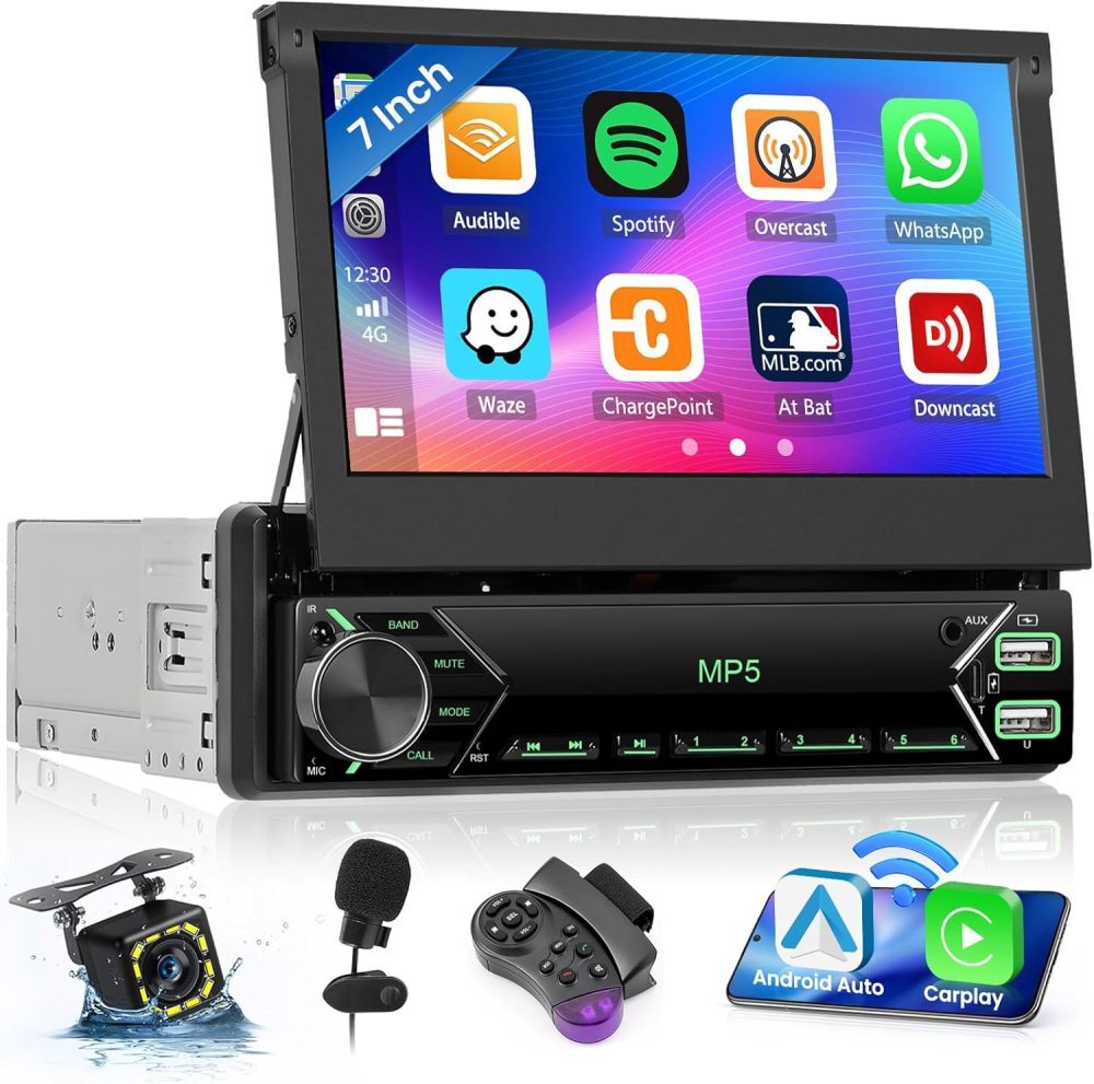 Single 1DIN 7″ Flip Car Stereo Apple Carplay Android Auto GPS Radio + Camera