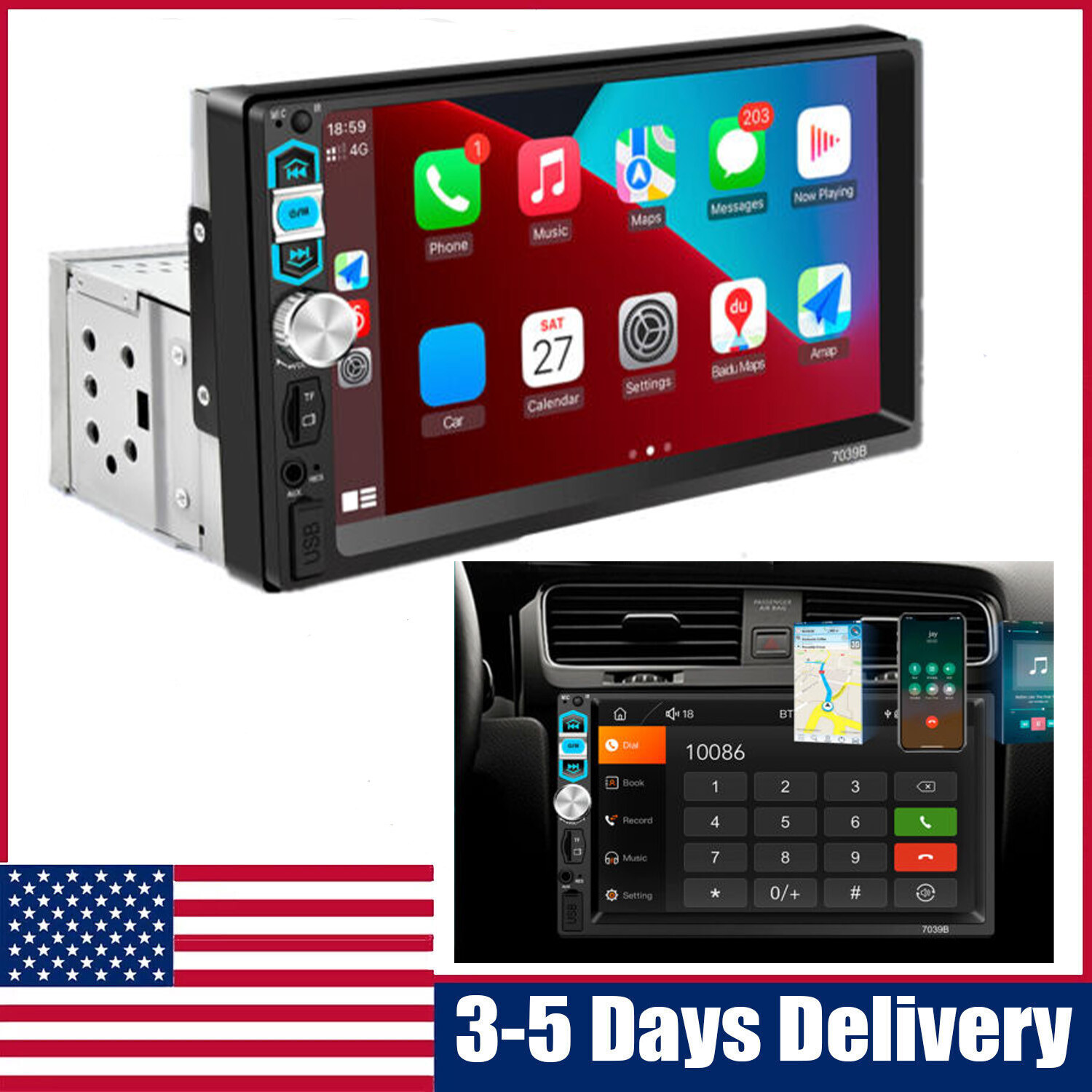 For Apple Carplay Android Auto FM Player Touch Screen Car Stereo Radio Bluetooth