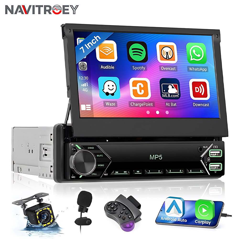 1 DIN 7 in Car Stereo Radio Flip out Touch Screen USB BT Carplay Aux Input +Cam