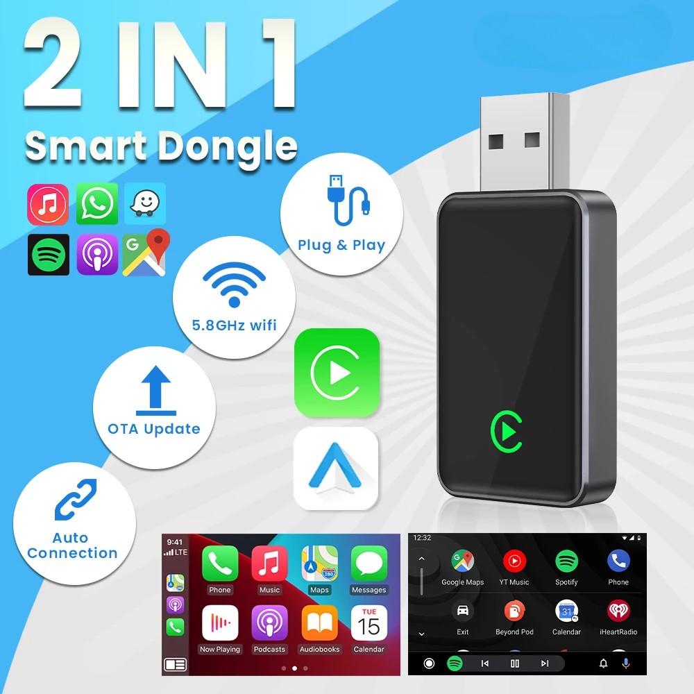 Wireless Carplay Android Auto 2in1 Adapter Smart Dongle 5G Wifi&Bluetooth