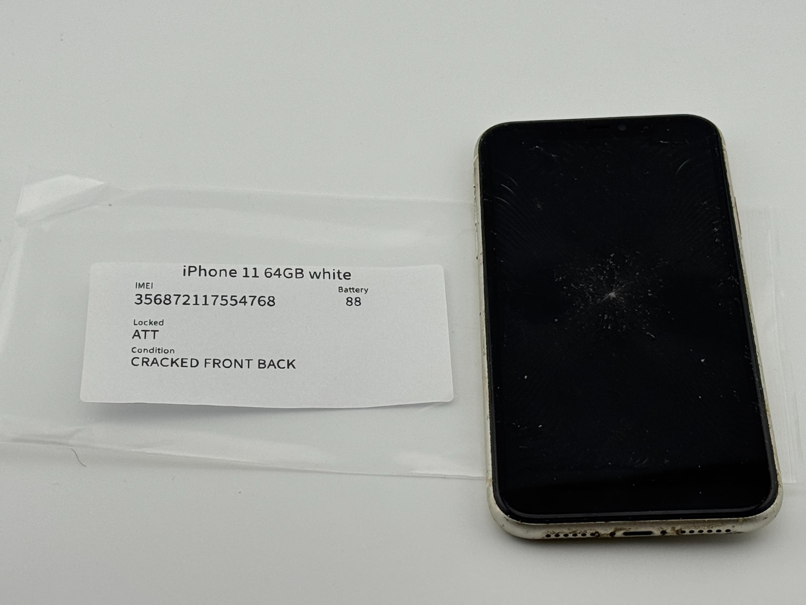 Apple iPhone 11 64GB White iOS 88% Battery AT&T Unlocked – Cracked Front Back