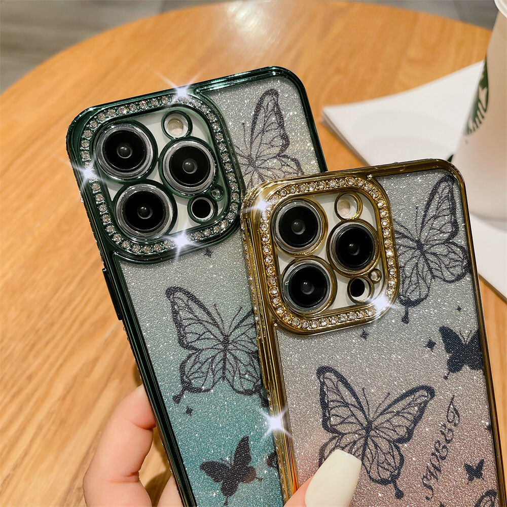 For iPhone 15 Pro Max 14 13 12 11 Luxury Bling Diamond Butterfly Safe Case Cover
