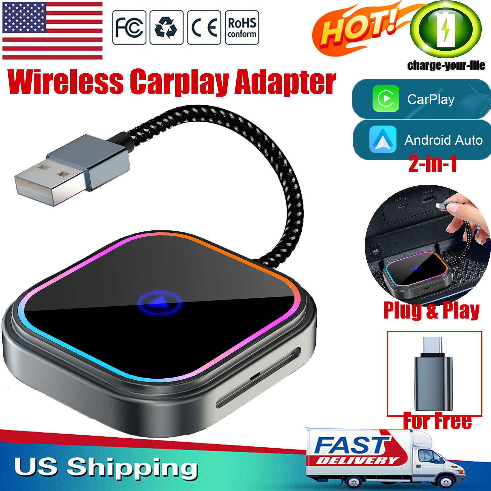 ✅Wireless CarPlay Adapter For iPhone/ Android Auto 2-in-1 Dongle Plug &Play 2025