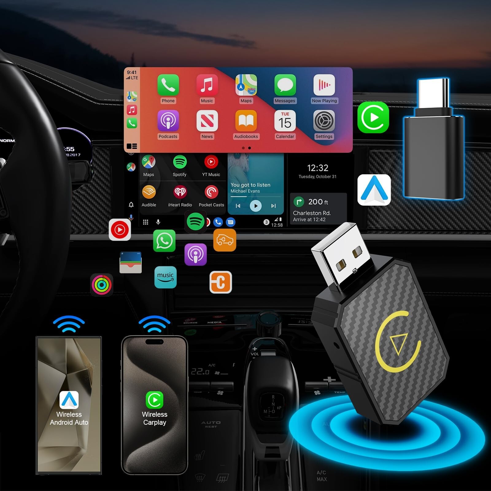 Android Auto Wireless Adapter & Carplay Wireless Adapter 2-in-1 Wireless Carplay