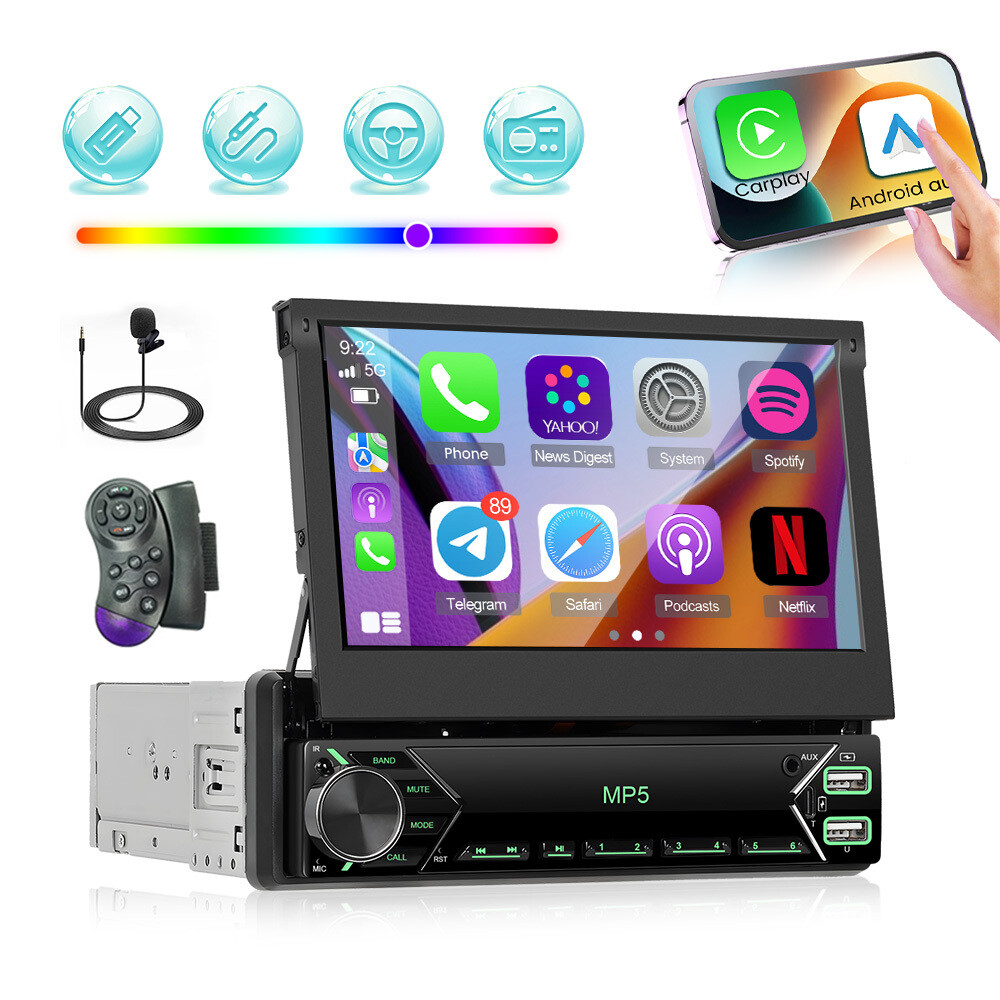 7″ Single 1DIN Car Stereo Radio Flip Out Apple Carplay Android Auto Bluetooth FM