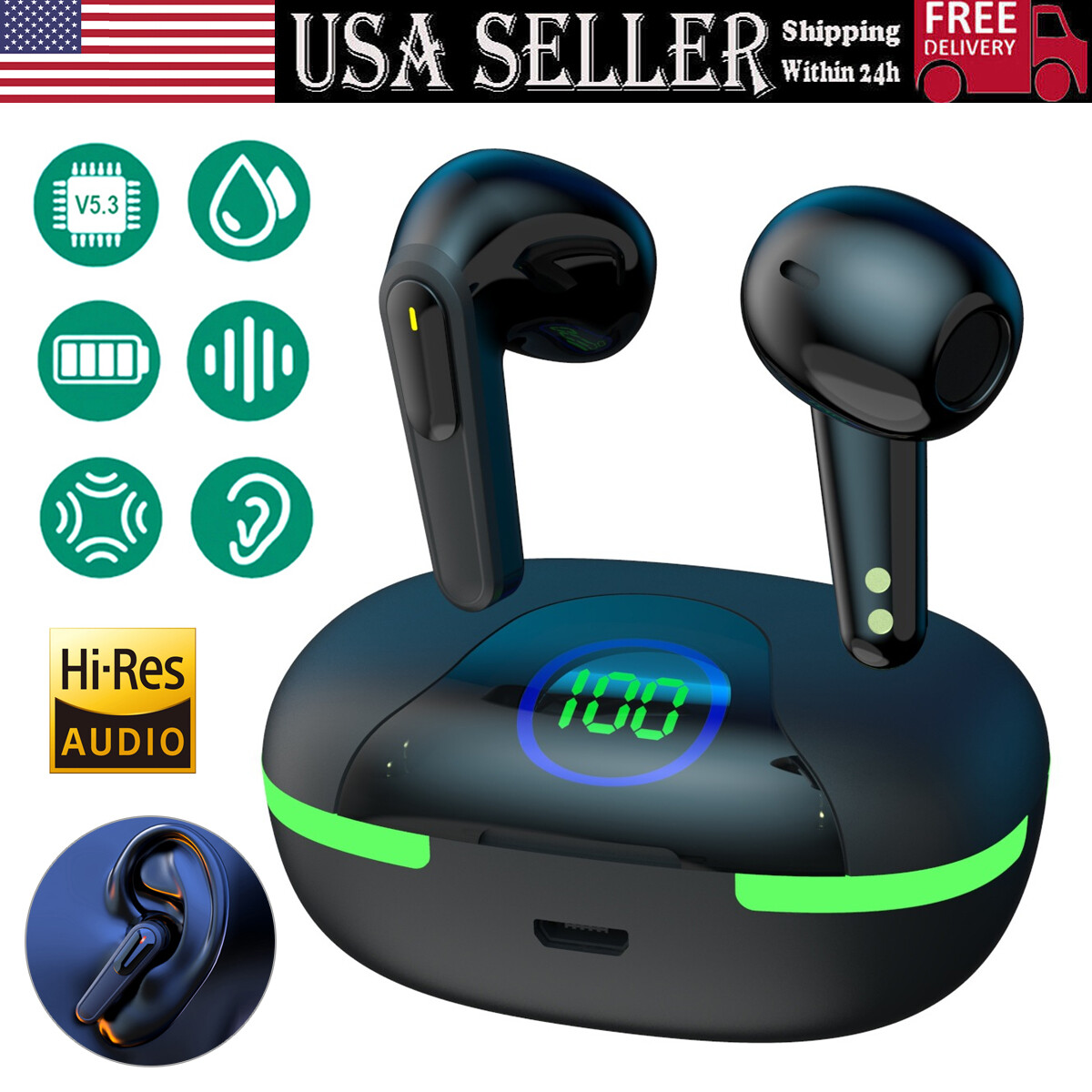 HOT 5.3 Bluetooth Earbuds Headset TWS Wireless Noise Cancelling w/Charging Case