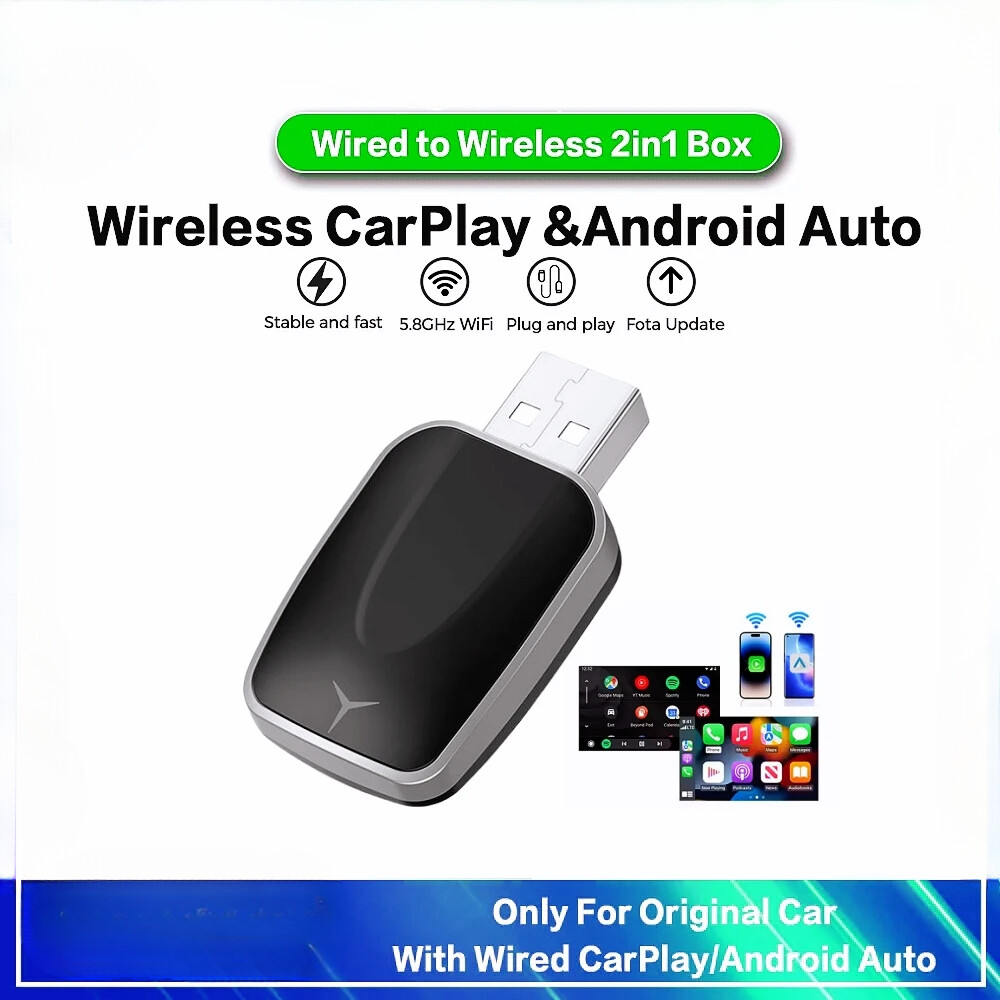 Wired to Wireless CarPlay Android Auto Wireless Adapter 2In1 Bluetooth Dongle