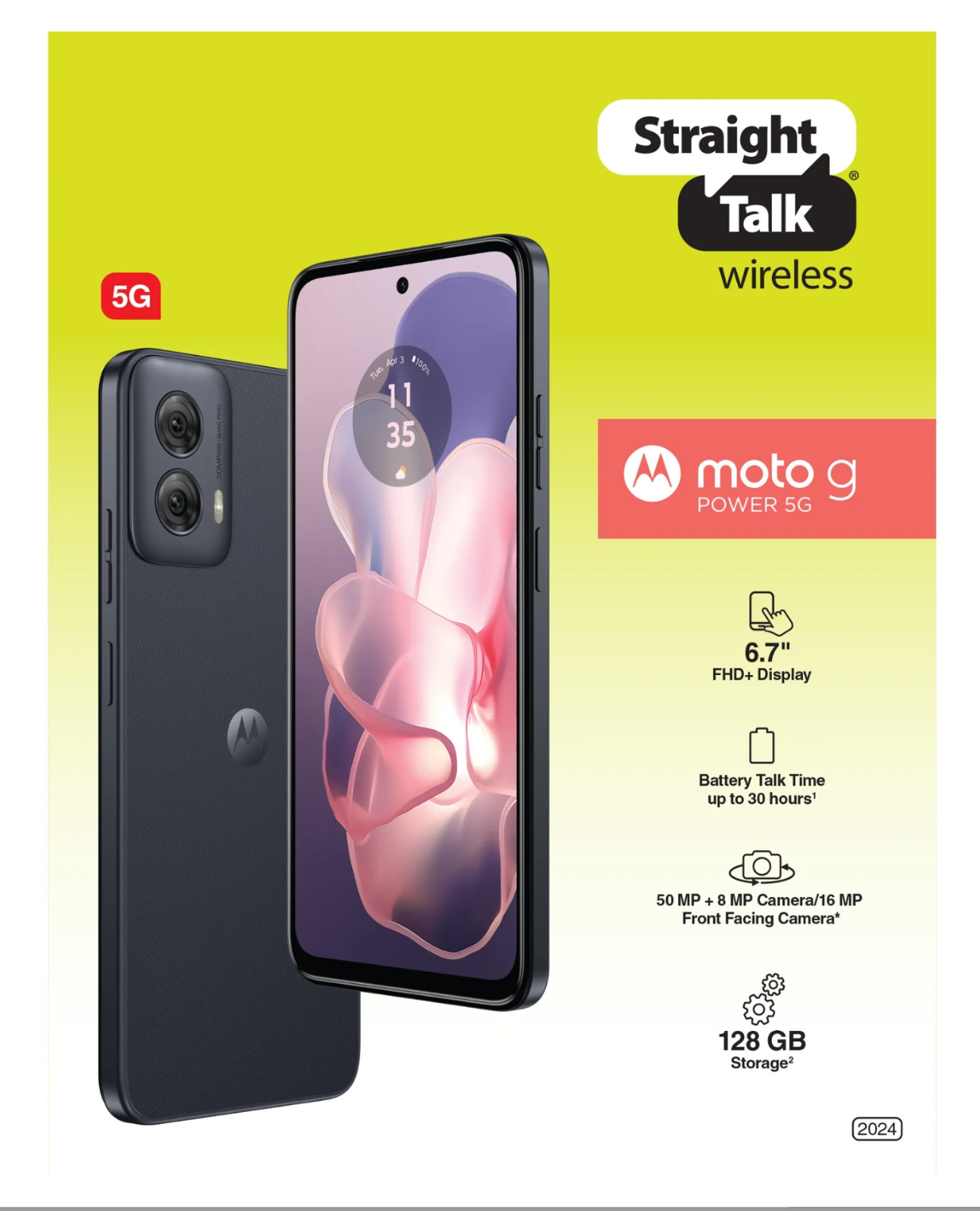 Motorola Moto G Power 5G 2024 Straight Talk 128GB Black 6.7″ 50MP Android Phone